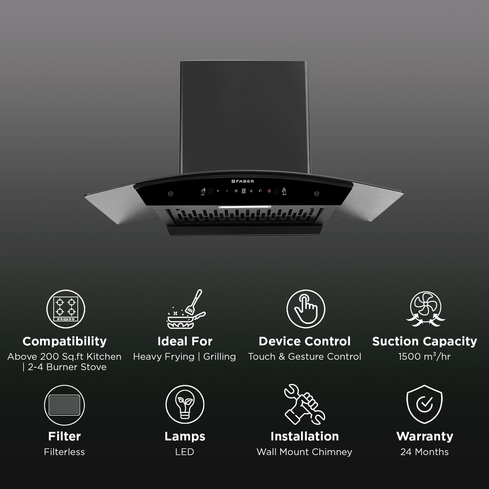 FABER HOOD LIBRA BLDC HC SC FL BK 75cm 1500m3/hr Ductless Auto Clean Wall Mounted Chimney with Touch and Gesture Control (Black)_3