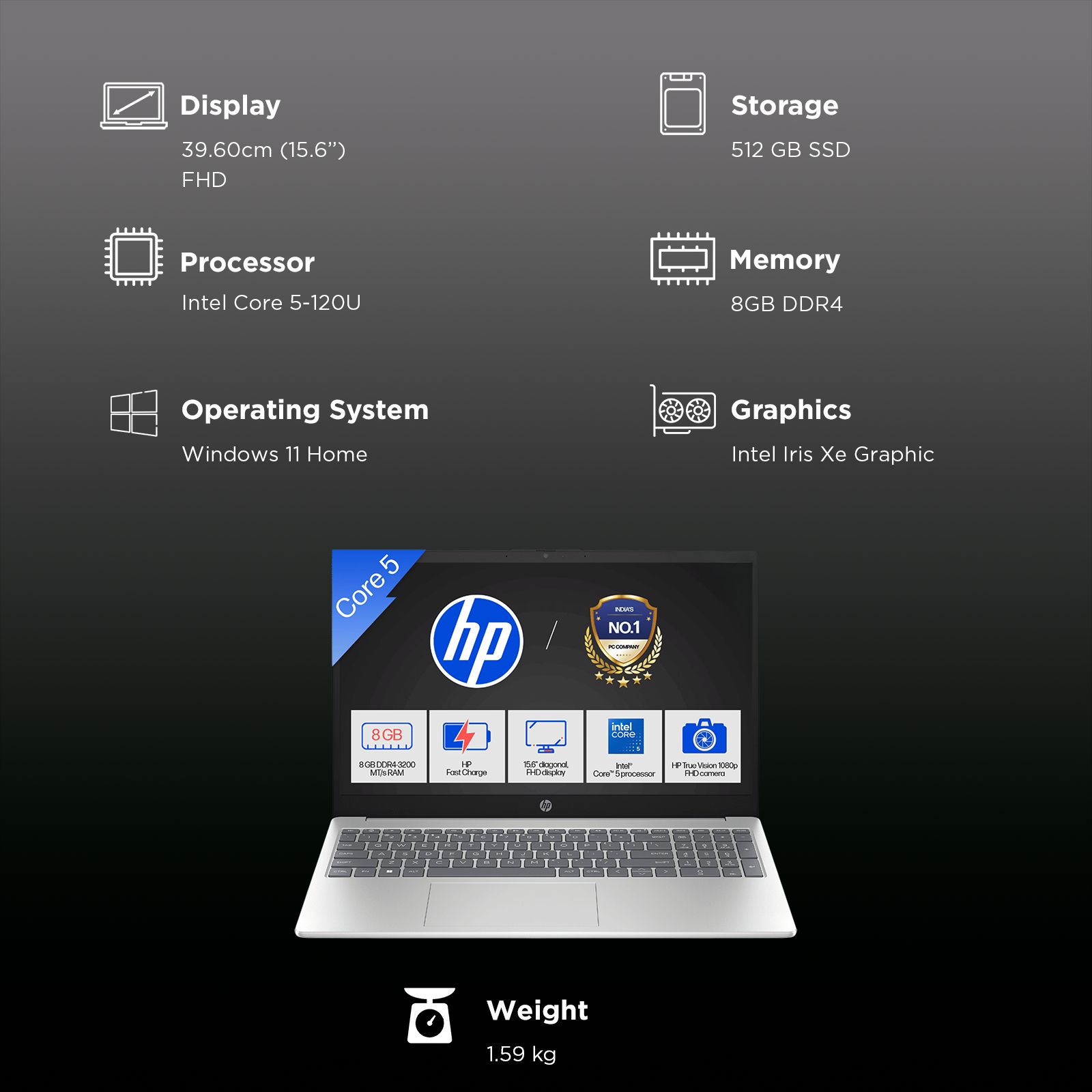 HP 15-FD0651TU Intel Core 5 120U 13th Gen Laptop (8GB, 512GB SSD, Windows 11 Home, 15.6 inch Full HD Display, MS Office Home 2024, Natural Silver, 1.59 KG)_3