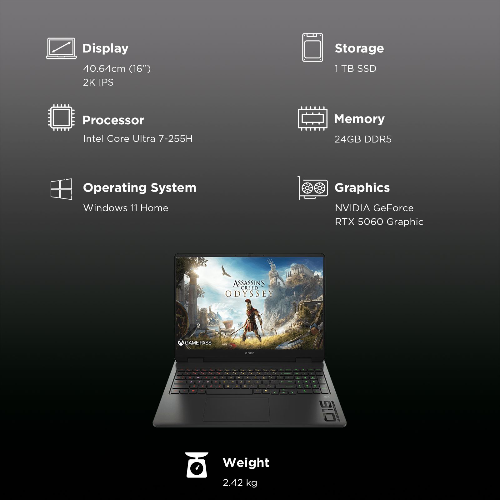 HP OMEN 16-an0015TX Intel Core Ultra 7 Gaming Laptop (24GB, 1TB SSD, Windows 11 Home, 8GB Graphics, 16 inch 165 Hz 2K IPS Display, NVIDIA GeForce RTX 5060, MS Office Home 2024, Shadow Black, 2.42 KG)_3