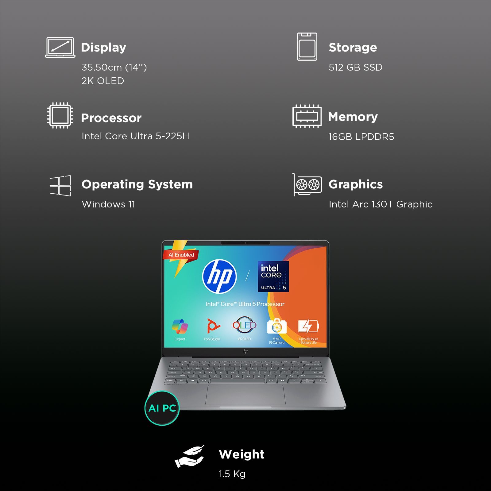 HP OmniBook 7 Intel Core Ultra 5 Laptop (16GB, 512GB SSD, Windows 11, 14 inch 2K OLED Display, MS Office 2024, Meteor Silver, 1.41 KG)_3