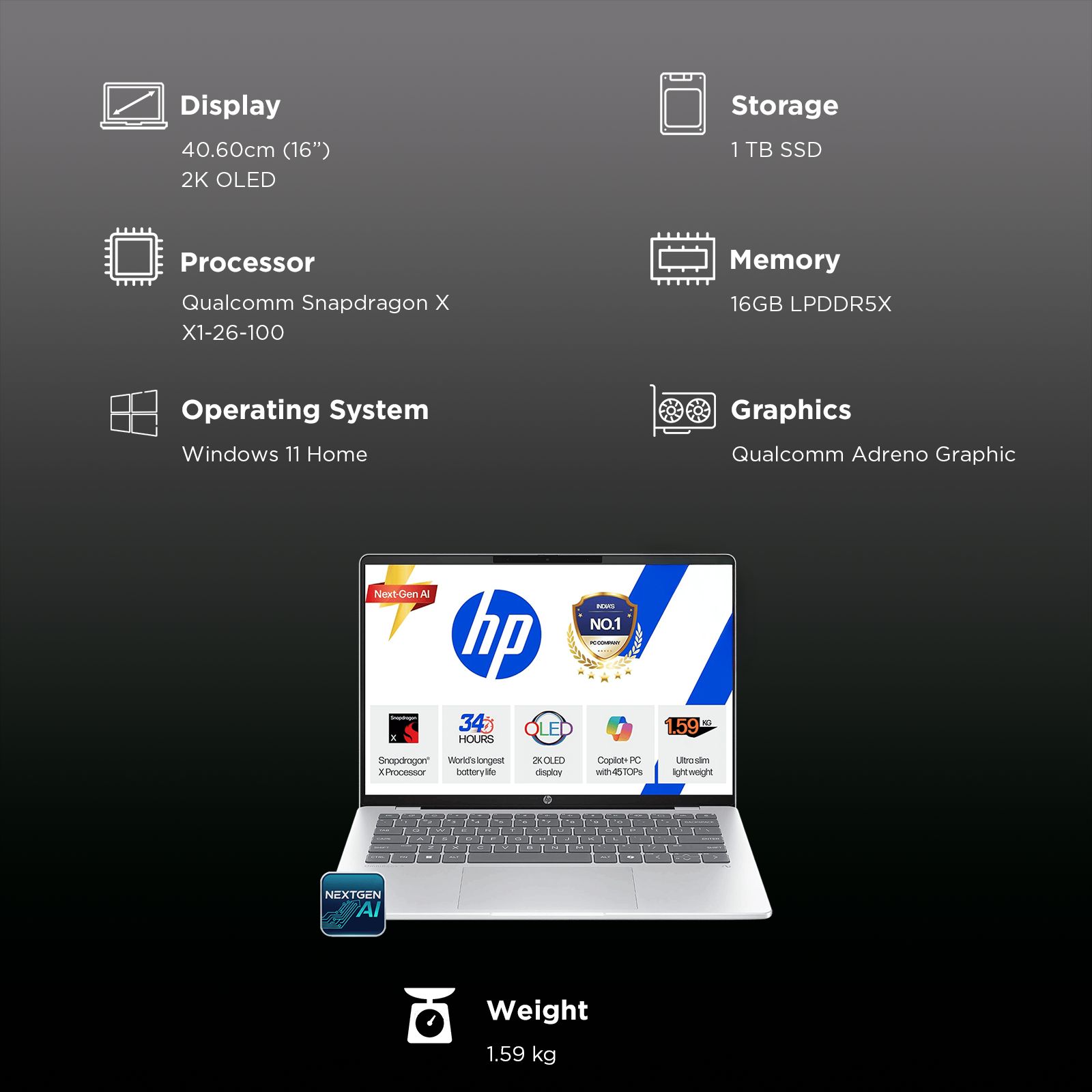 HP OmniBook 5 Qualcomm Snapdragon X Thin & Light Laptop (16GB, 1TB SSD, Windows 11 Home, 16 inch 2K OLED Display, MS Office 2024, Glacier Silver, 1.59 KG)_3