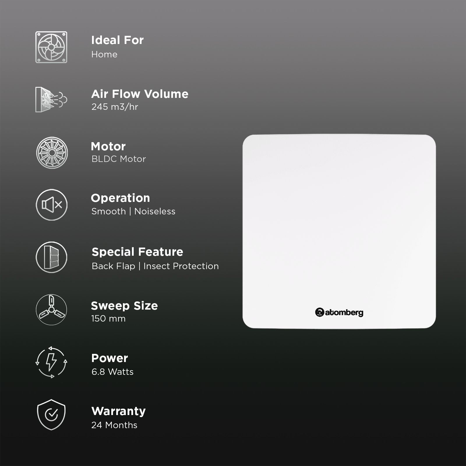 atomberg Studio 6 Inch 150mm Exhaust Fan with BLDC Motor (Low Noise Operation, Gloss White)_2