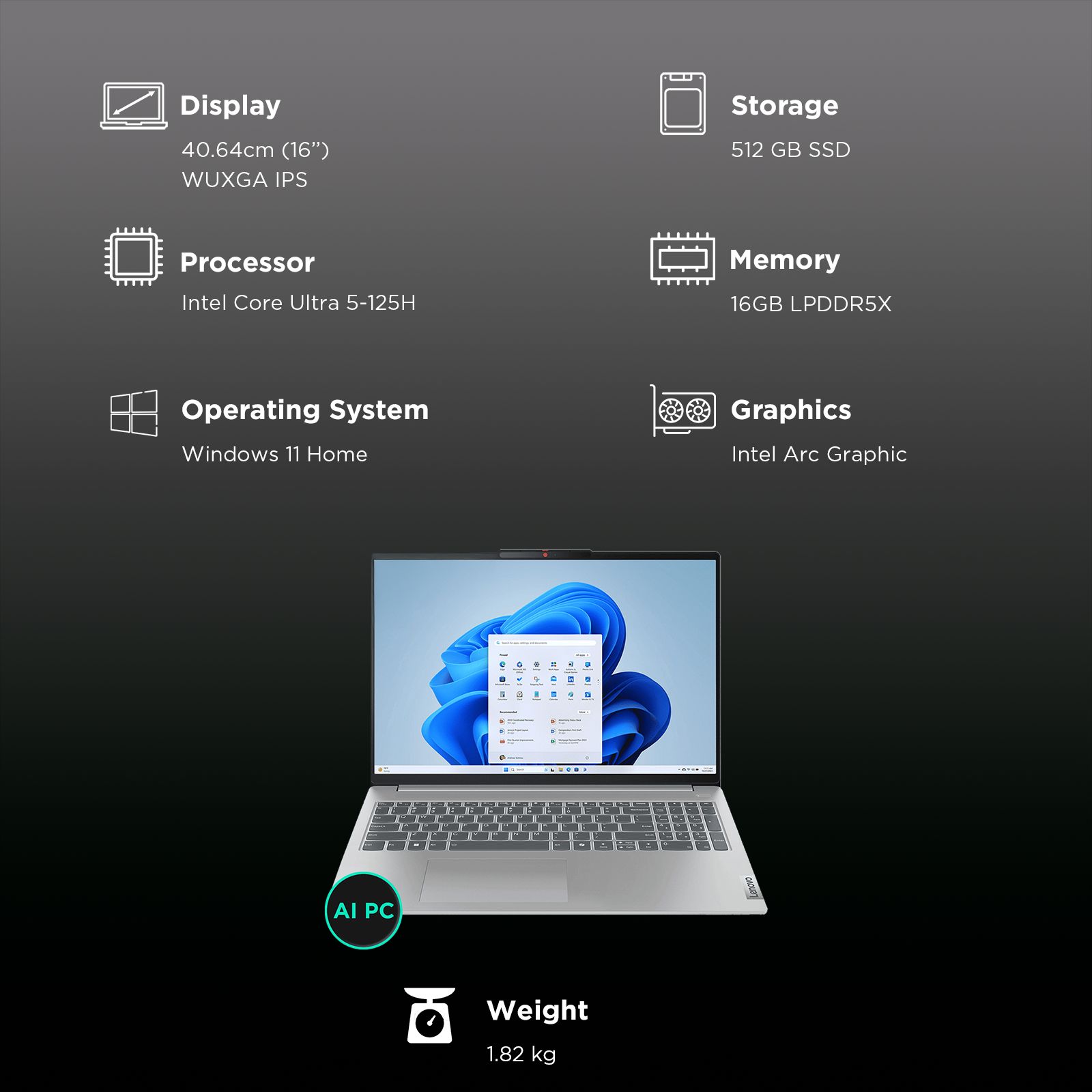 Lenovo IdeaPad Slim 5 16IMH9 Intel Core Ultra 5 Laptop (16GB RAM, 512GB SSD, Windows 11 Home, 16 inch WUXGA IPS Display, MS Office Home 2024, Cloud Grey, 1.82 KG)_3
