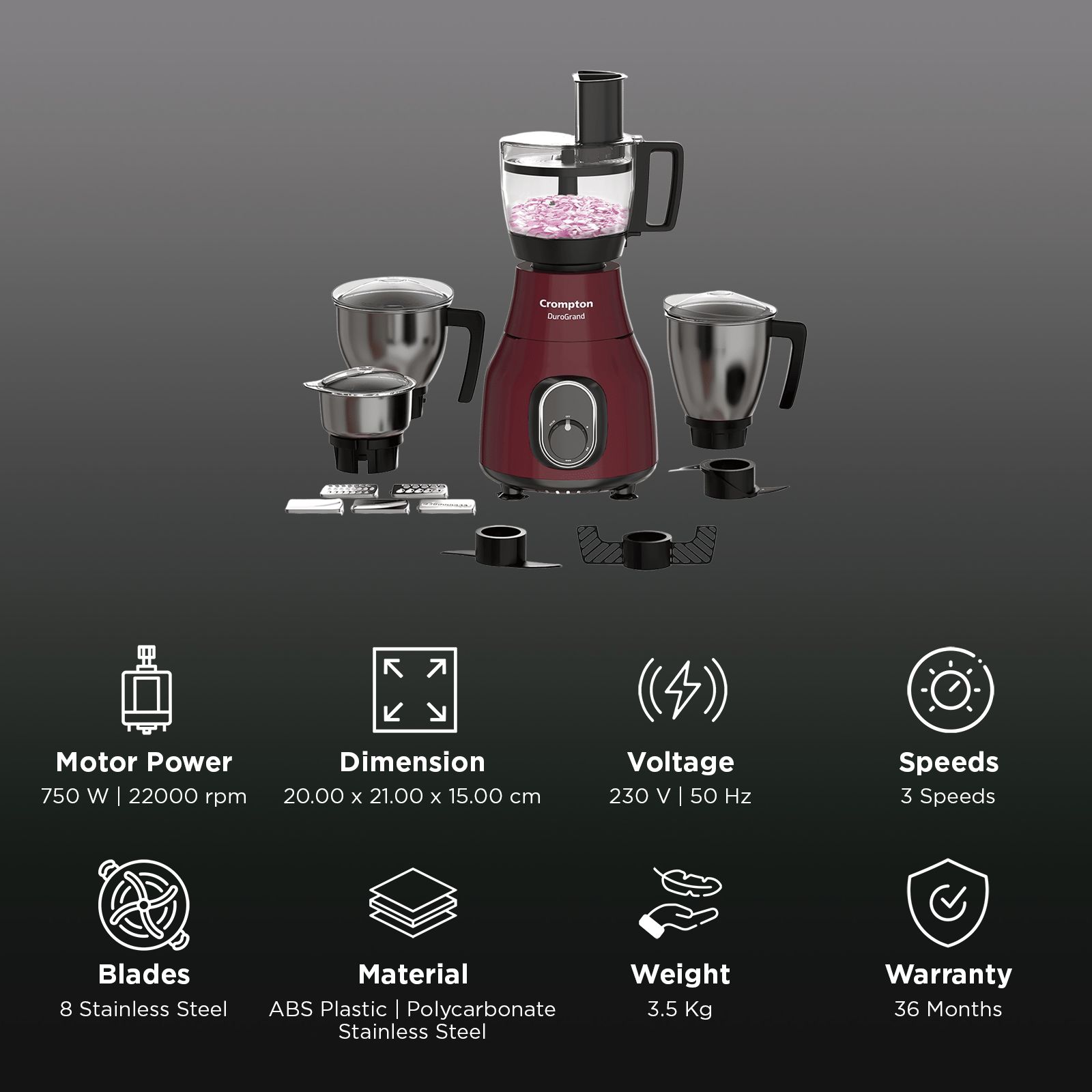 Crompton Duro Grand Plus 750 Watt Food Processors with 8 Blades (Red)_2