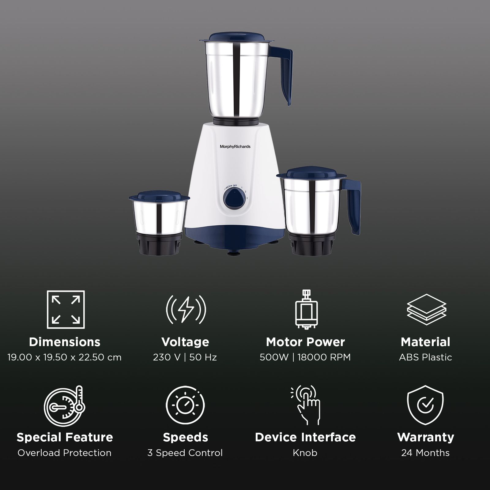 morphy richards Tresta 500 Watt 3 Jars Mixer Grinder (18000 RPM, Overload Protection, White)_2