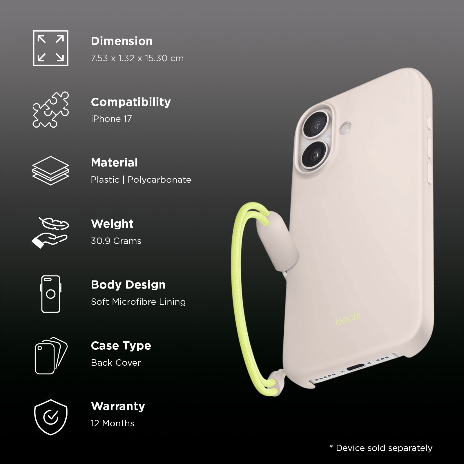 beats Polycarbonate & Plastic Hard Back Cover for Apple iPhone 17 (MagSafe Charging Compatible, Lime Stone)_2