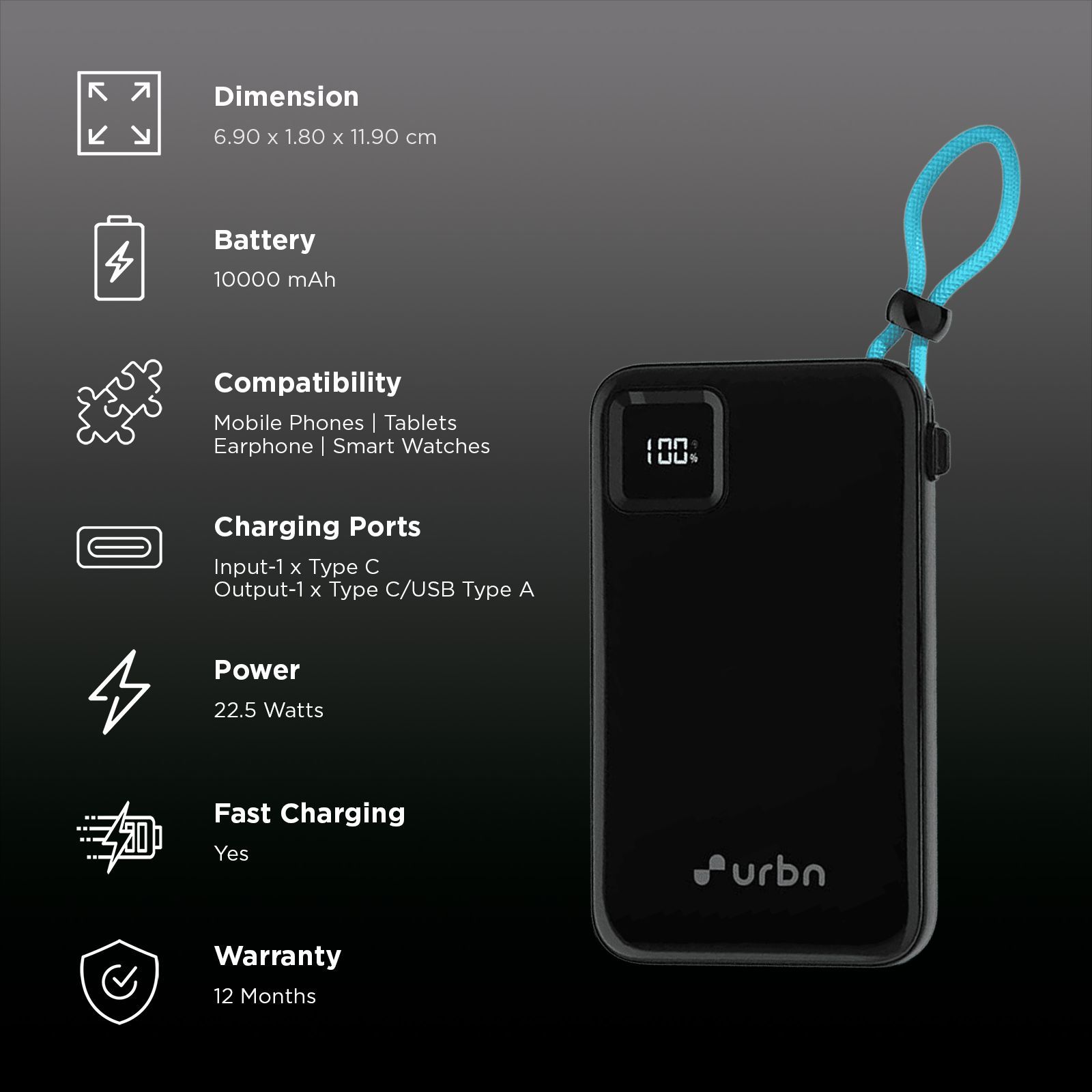 urbn Ultra Link 10000 mAh 22.5W Fast Charging Power Bank (2 Type C  & 1 Type A Port, 12 Layer Circuit Protection, Black)_3