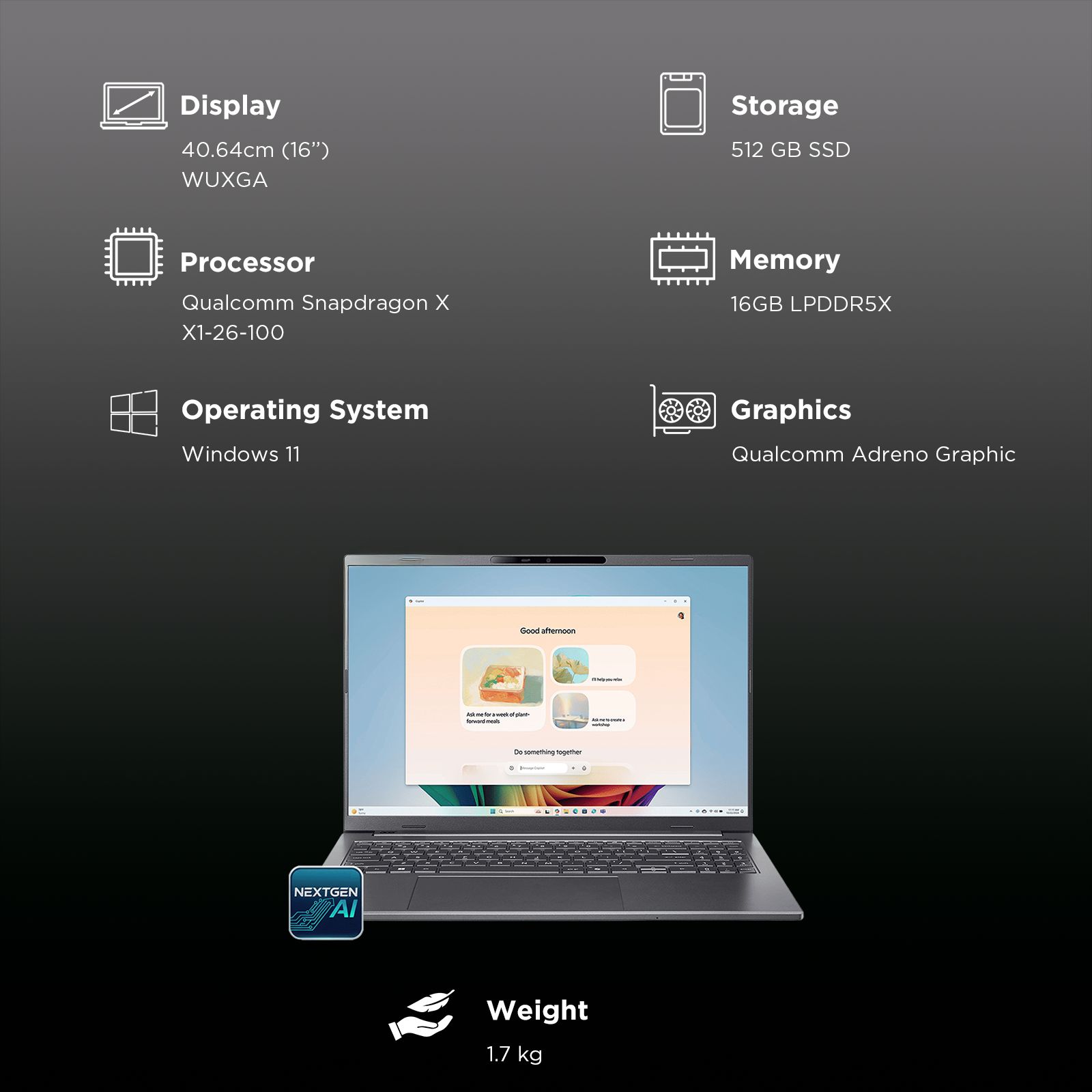 acer A16-11M Qualcomm Snapdragon X Laptop (16GB, 512GB SSD, Windows 11, 16 inch WUXGA Display, MS Office, Steel Grey, 1.7 KG)_3