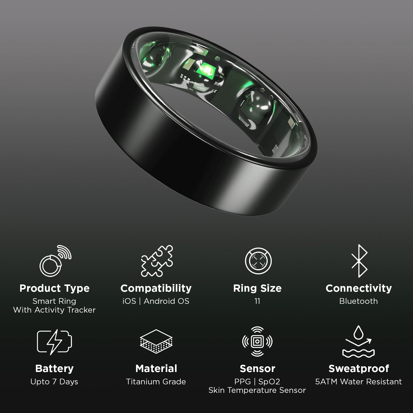 GABIT GSR01 Smart Ring 30+ Workout Modes(Size 11, Titanium Build, Matte Black)_2