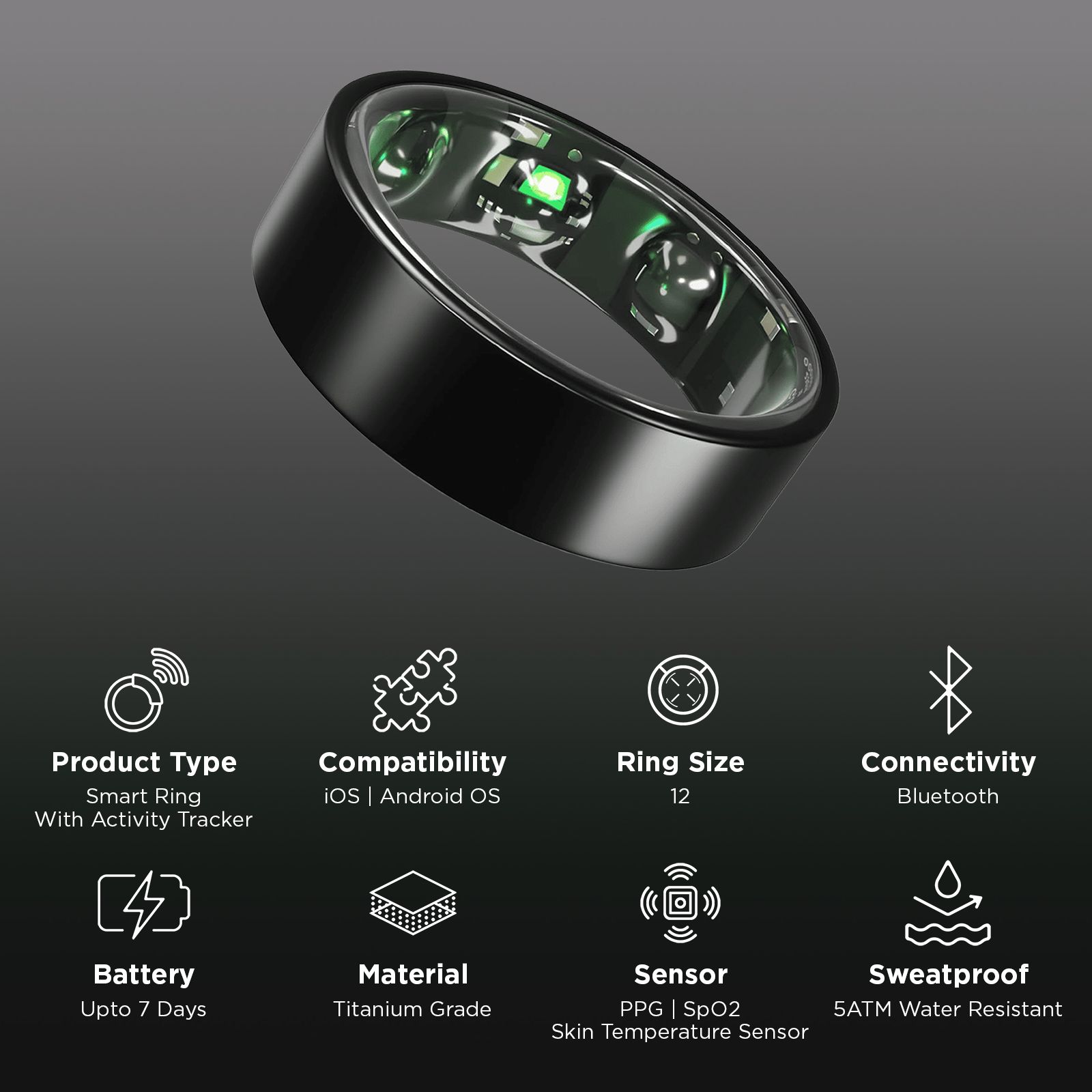 GABIT GSR01 Smart Ring 30+ Workout Modes & Holistic Health Tracking (Size 12, Titanium Build, Matte Black)_2