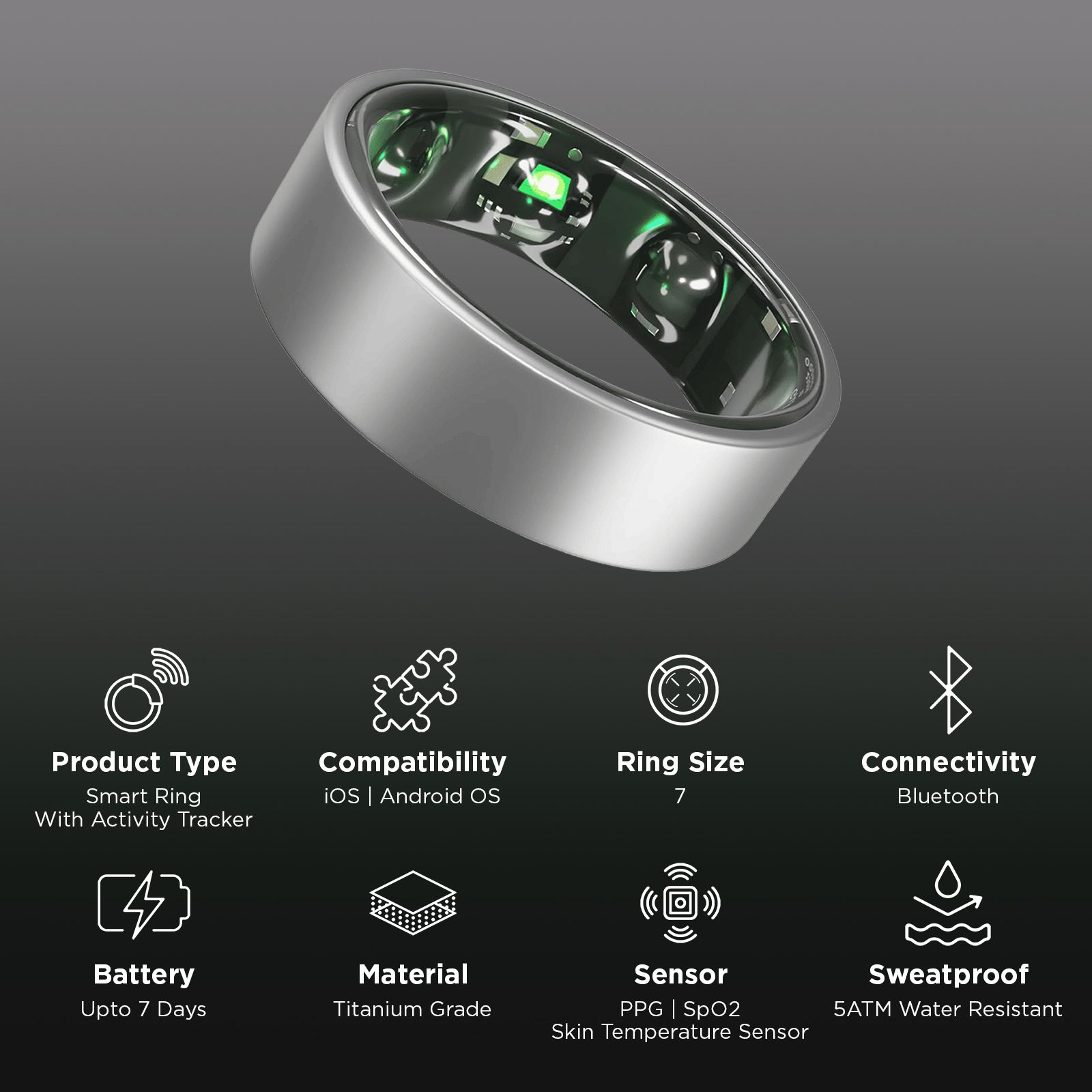 GABIT GSR01 Smart Ring 30+ Workout Modes & Holistic Health Tracking (Size 7, Titanium Build, Matte Silver)_2