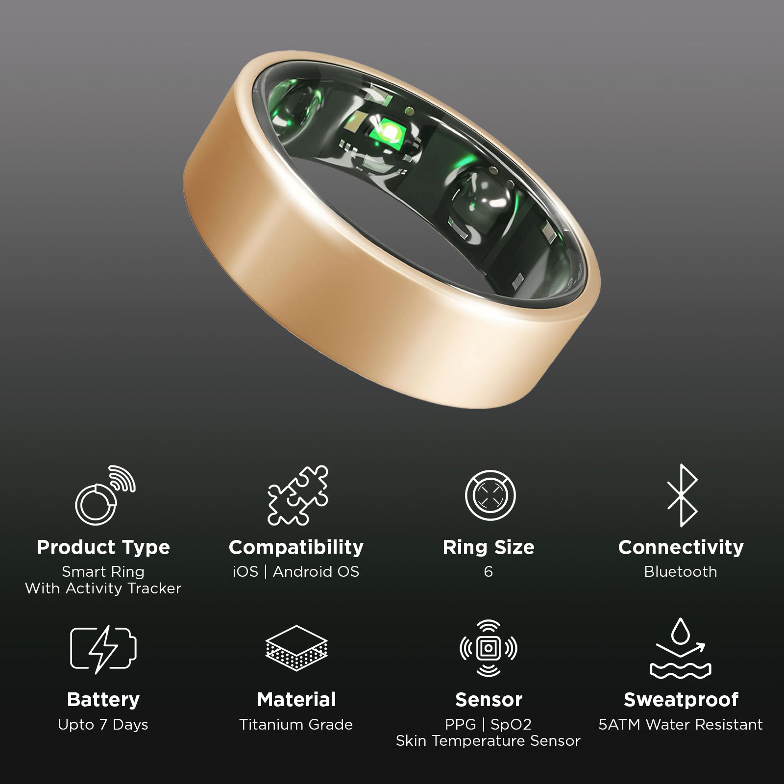 GABIT GSR01 Smart Ring 30+ Workout Modes & Holistic Health Tracking (Size 6, Titanium Build, Rose Gold)_2
