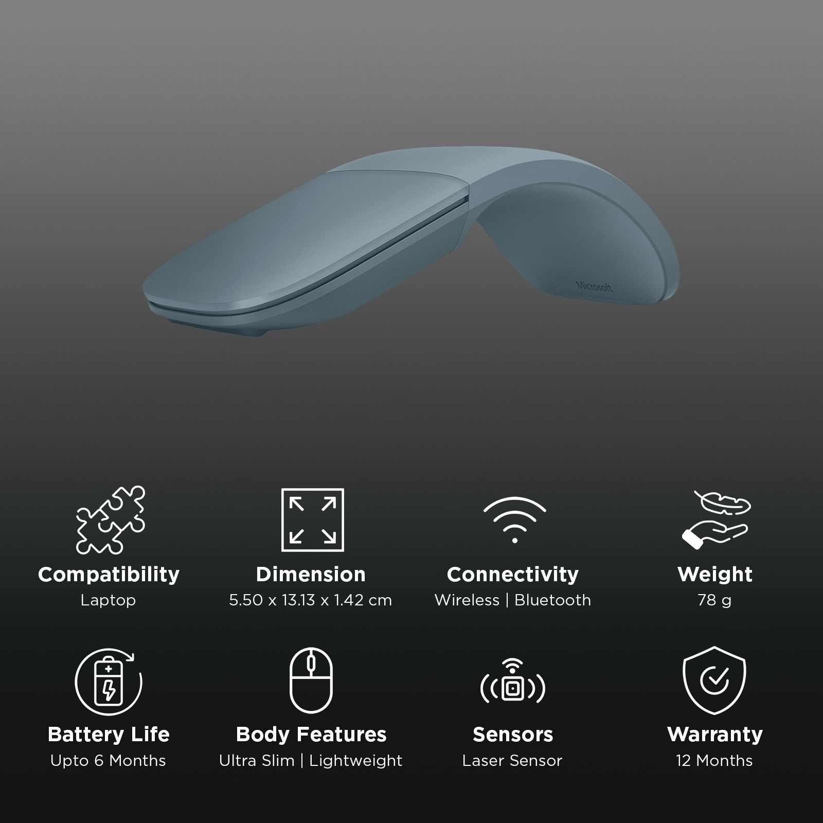 Microsoft Surface Arc Bluetooth Wireless Laser Mouse with Touch Scroll Plane (Vertically & Horizontally Scrolling, Ocean)_2