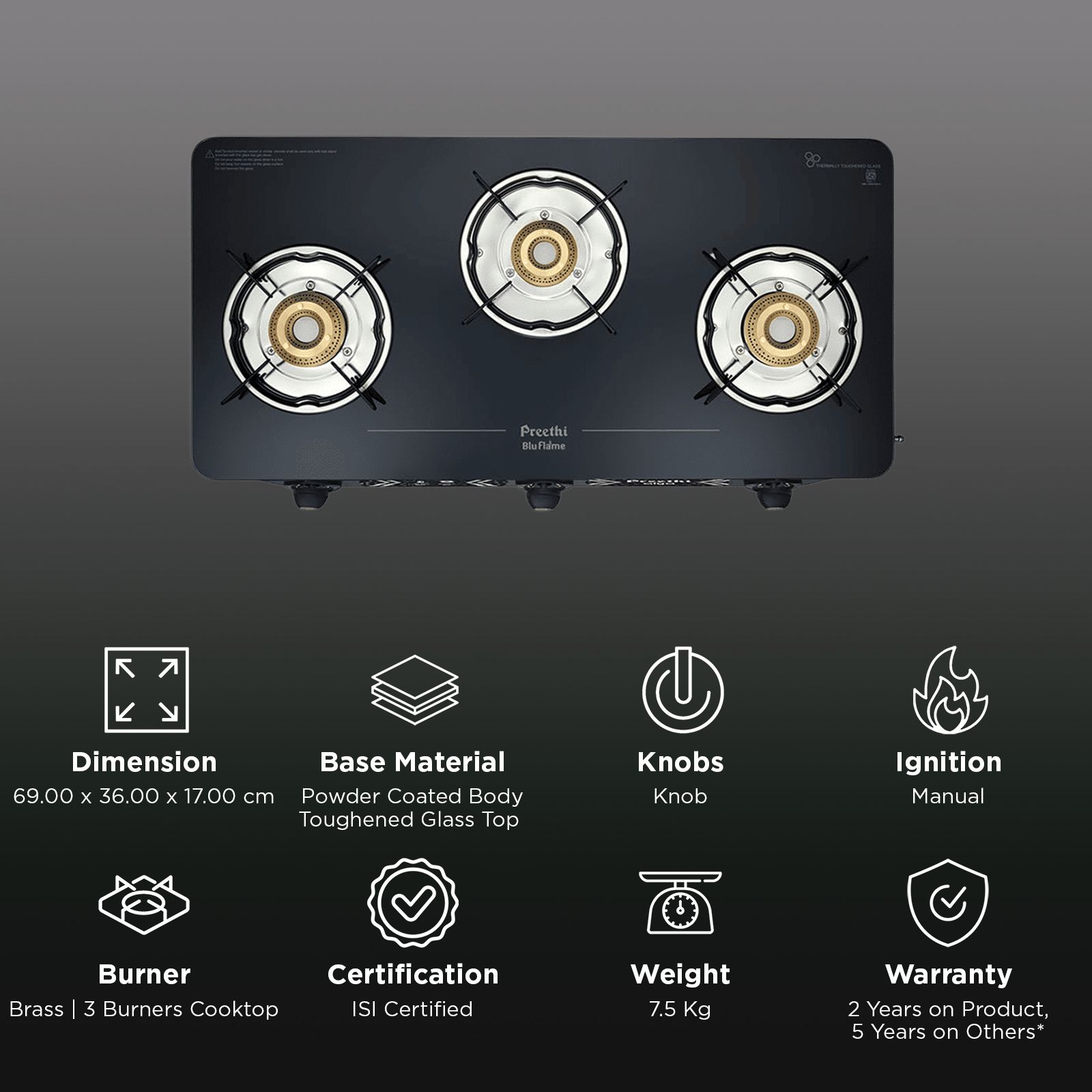 Preethi Alya 2.0 Toughened Glass Top 3 Burner Manual Gas Stove (ISI Certified, Black)_2