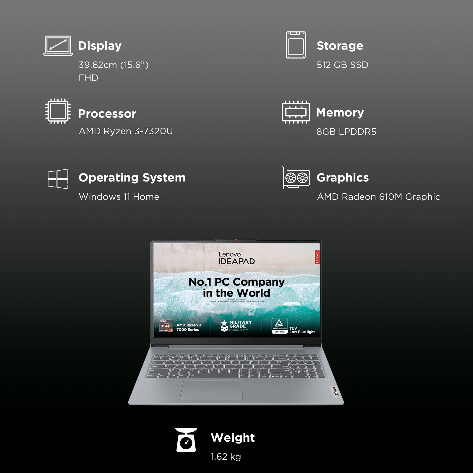 Lenovo IdeaPad Slim 3 15AMN8 AMD Ryzen 3 Laptop (8GB RAM, 512GB SSD, Windows 11 Home, 15.6 inch Full HD TN Display, MS Office Home 2024, Arctic Grey, 1.62 KG)_3