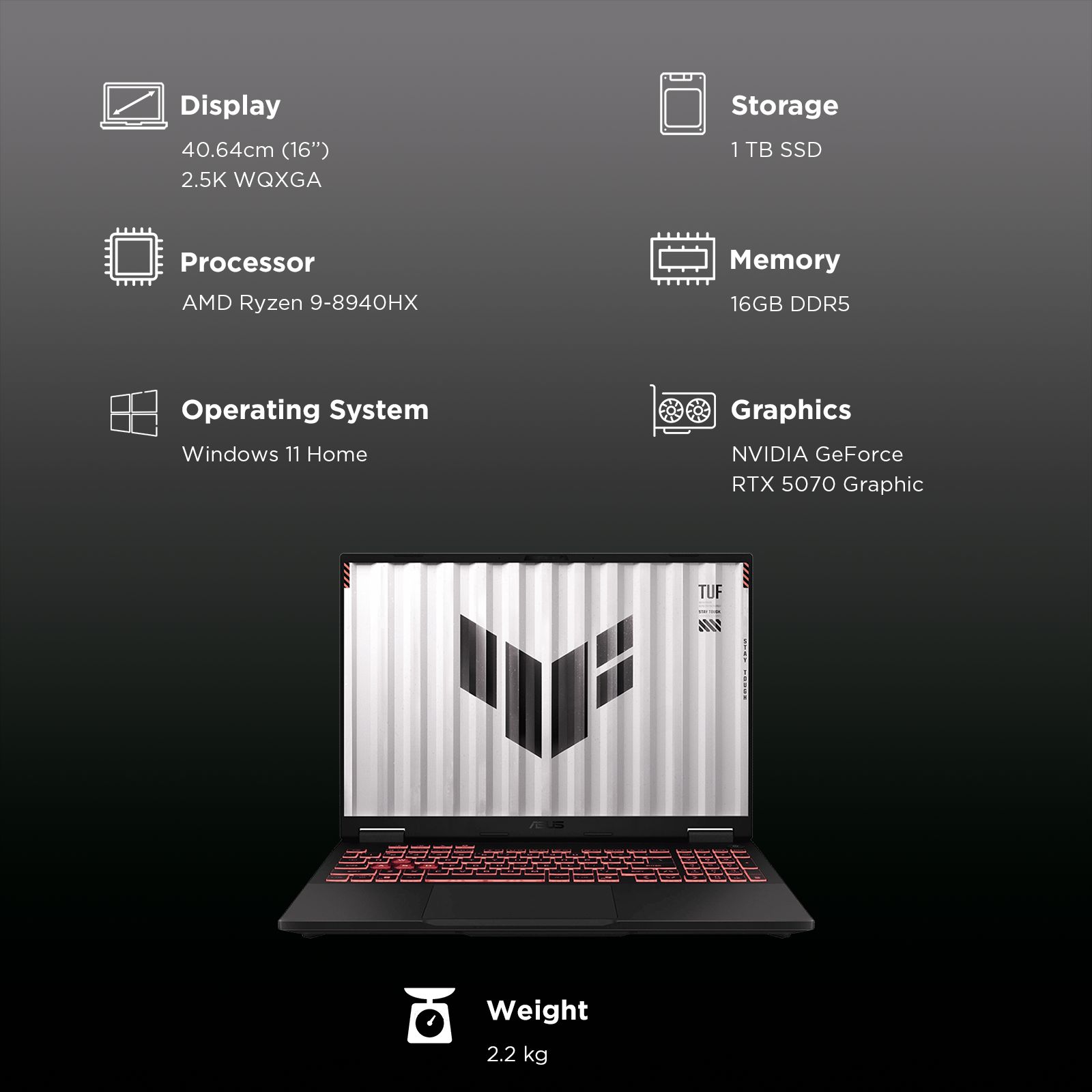 ASUS TUF A16 FA608PP-QT014WS AMD Ryzen 9 Gaming Laptop (16GB, 1TB SSD, Windows 11 Home, 8GB Graphics, 16 inch, 165 Hz, 2.5K WQXGA Display, NVIDIA GeForce RTX 5070, MS Office 365 Basic, Jaeger Gray, 2.20 KG)_3