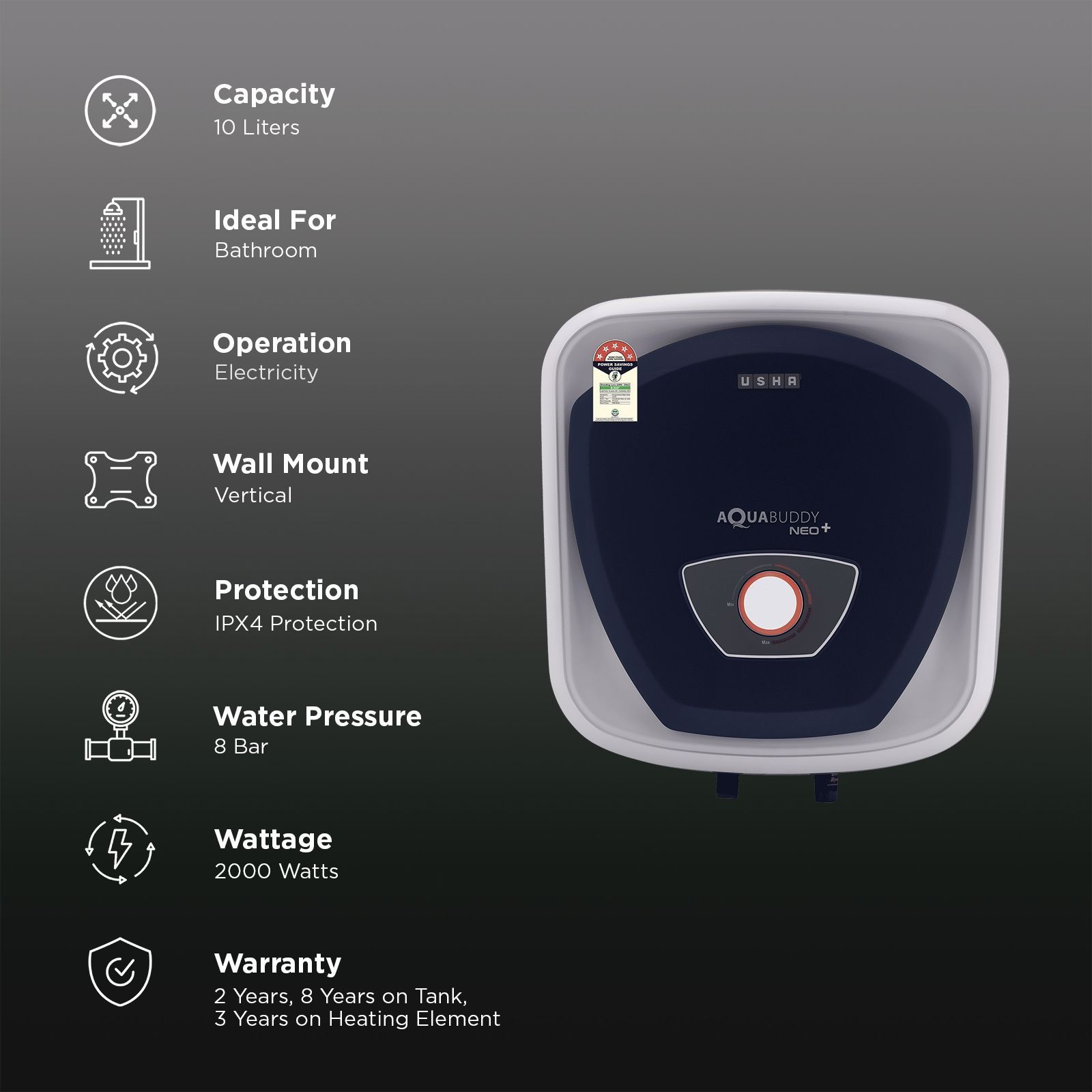 USHA Aqua Buddy Neo Plus 10 Litre 5 Star Vertical Storage Geyser with Whirl Flow Technology (Blue & White)_3