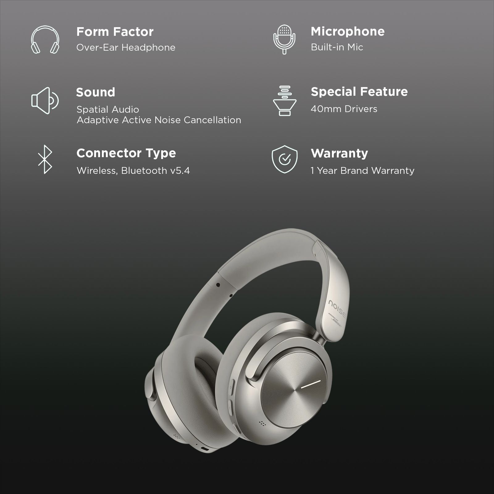 noise Master Buds Max Bluetooth Headphone with Mic (Adaptive Active Noise Cancellation, Over Ear, Titanium)_2