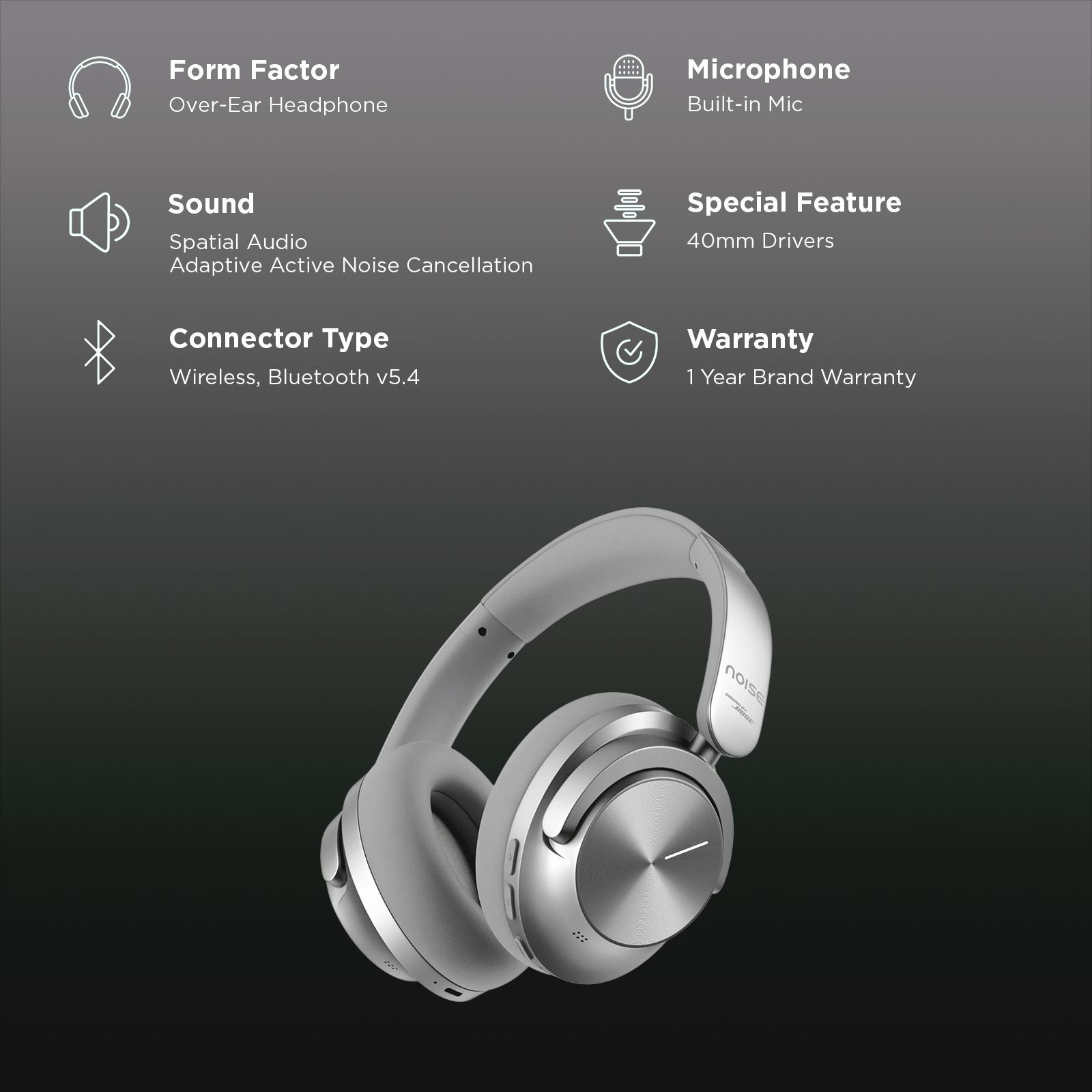 noise Master Buds Max Bluetooth Headphone with Mic (Adaptive Active Noise Cancellation, Over Ear, Silver)_2