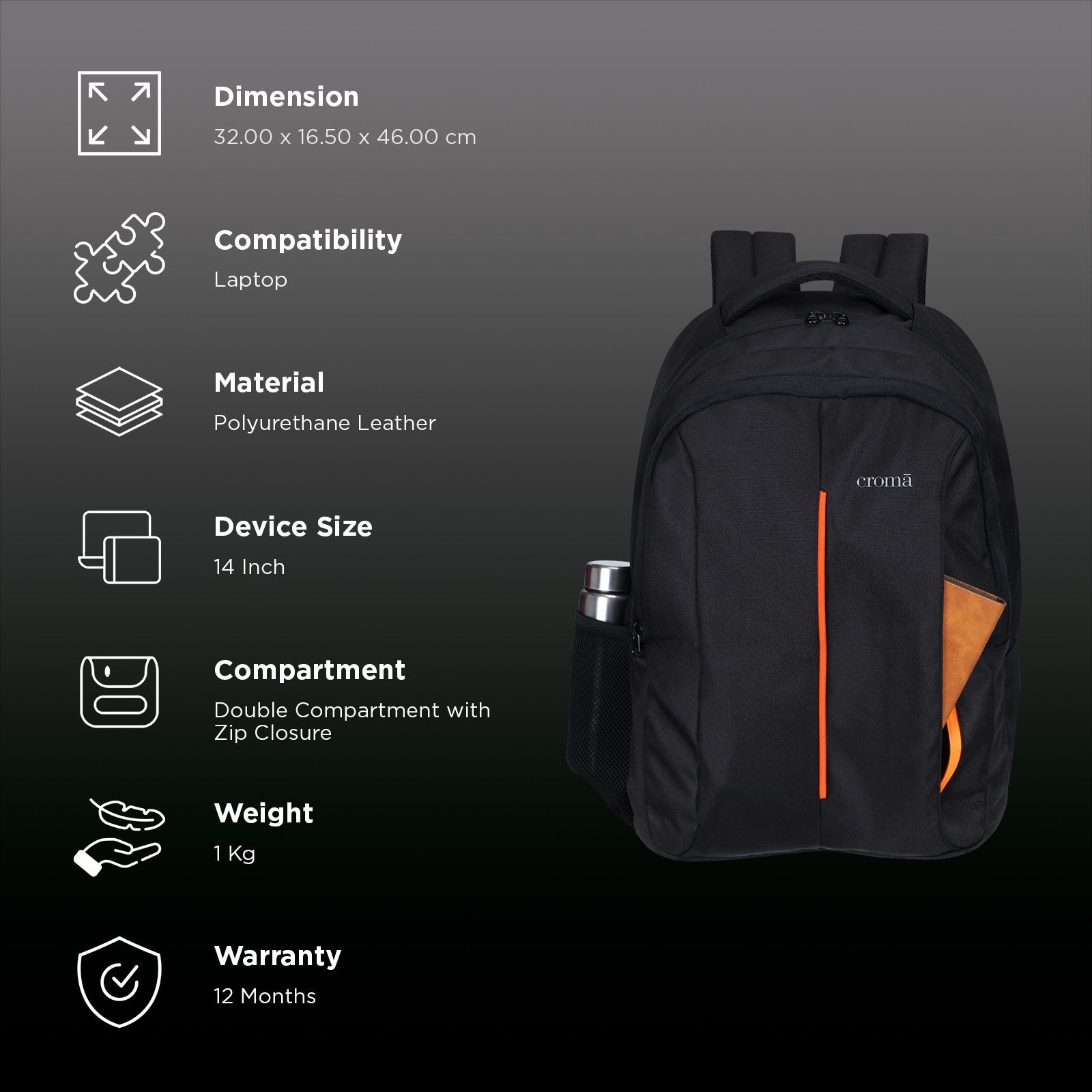 Croma AZ PU Leather Laptop Backpack for 14 Inch Laptop (16 L, Trolley Strap, Black)_3