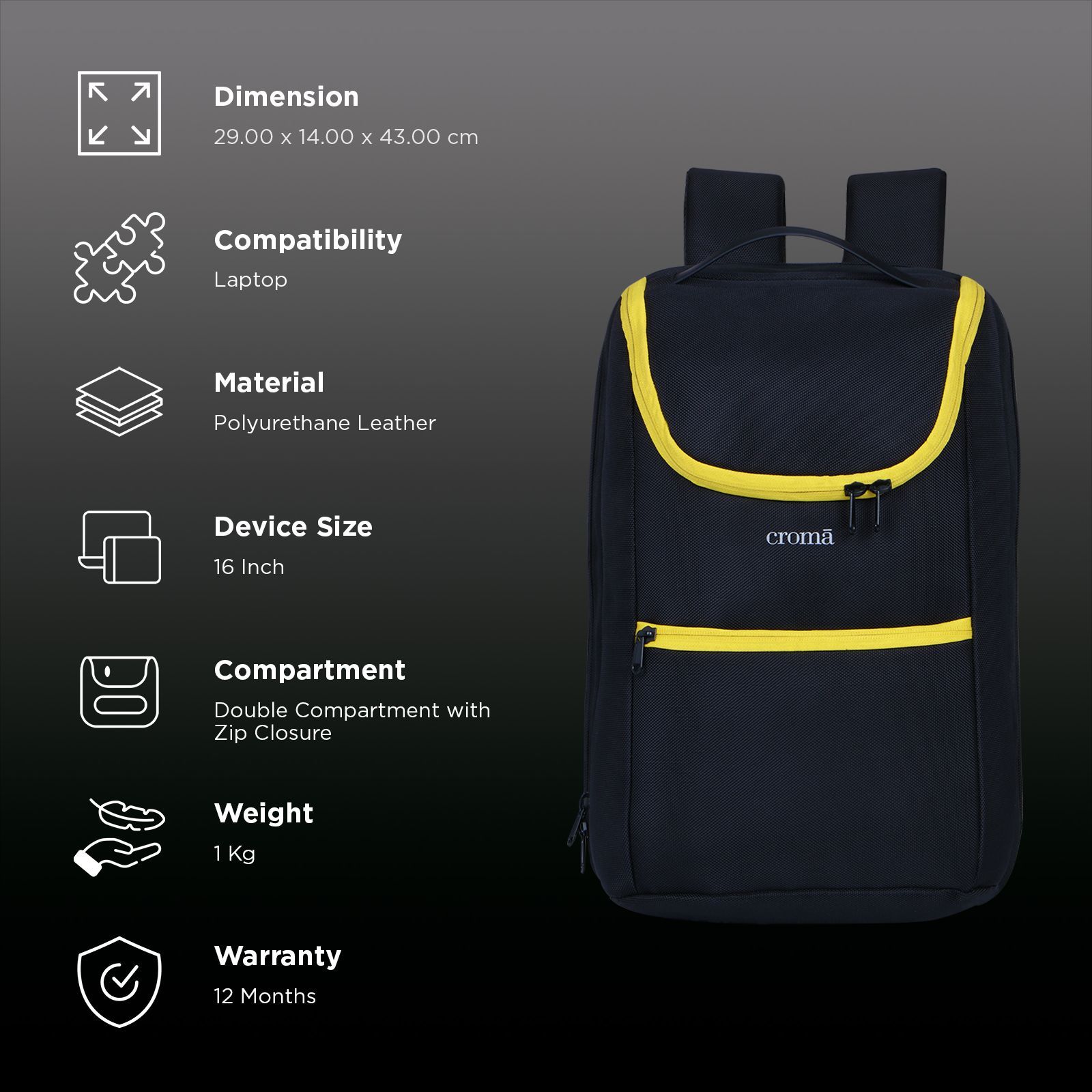 Croma MKB PU Leather Laptop Backpack for 16 Inch Laptop (17 L, Ergonomic Padded Shoulder Straps, Yellow)_3