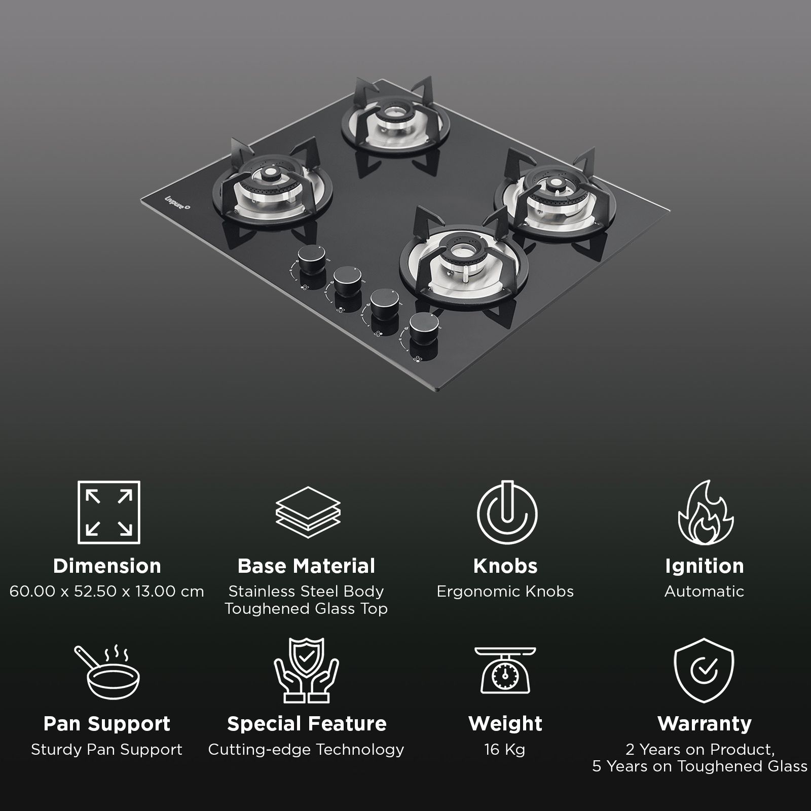 Livpure Ignis Toughened Glass Top 4 Burner Automatic Gas Hob (Ergonomic Knobs, Black)_3