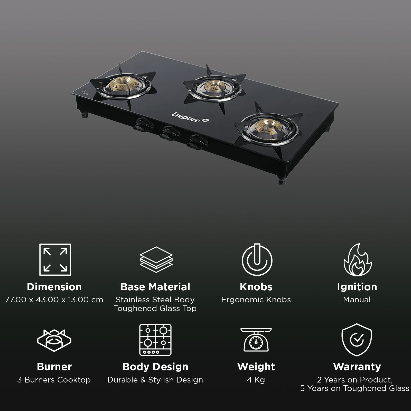 Livpure Nebula Toughened Glass Top 3 Burner Manual Gas Stove (Ergonomic Knobs, Black)_3