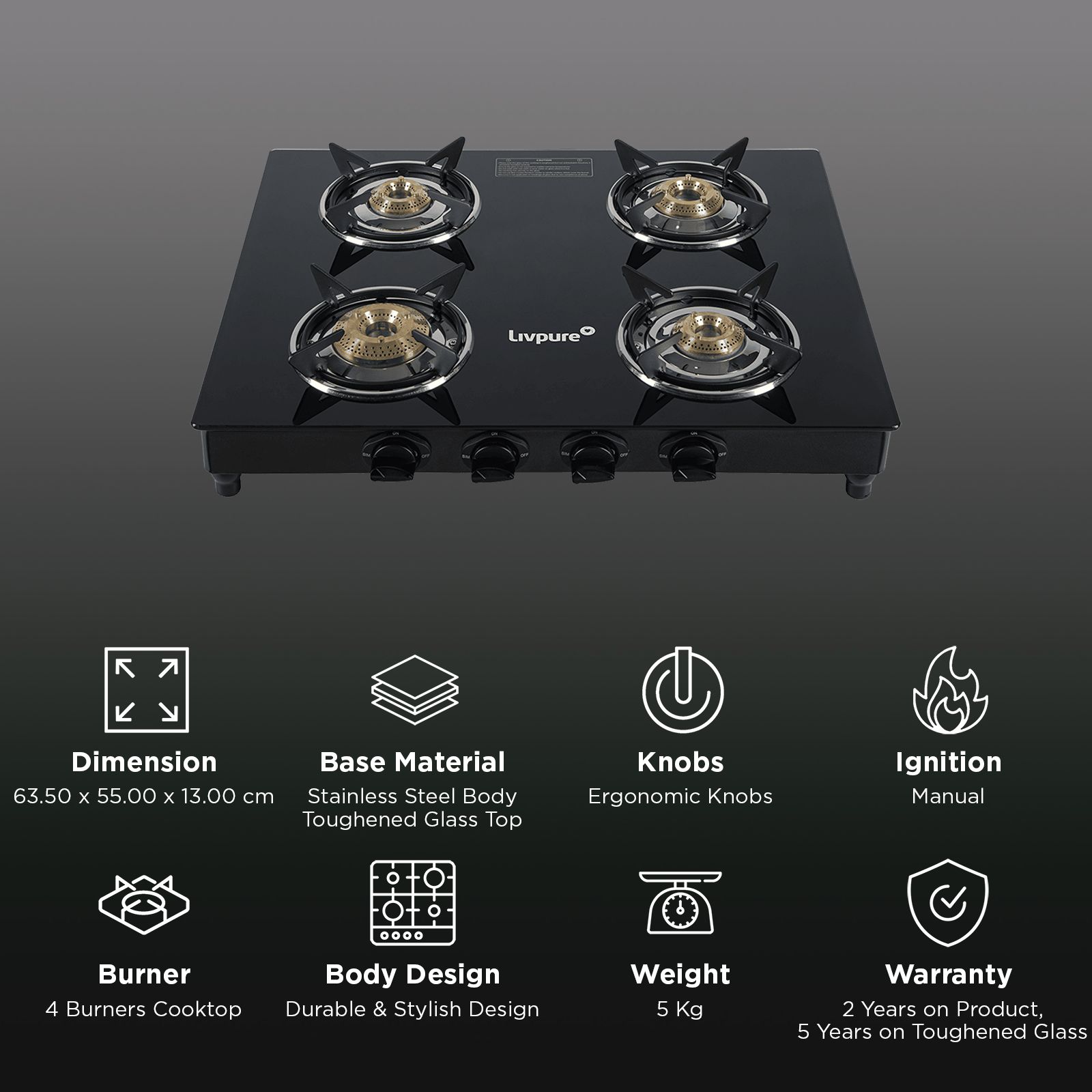 Livpure Nebula Toughened Glass Top 4 Burner Manual Gas Stove (Ergonomic Knobs, Black)_3