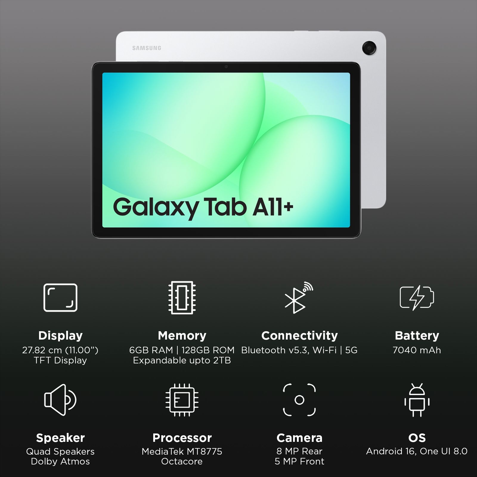 SAMSUNG Galaxy Tab A11 Plus Wi-Fi+5G Android Tablet (11 Inch, 6GB RAM, 128GB ROM, Silver)_3