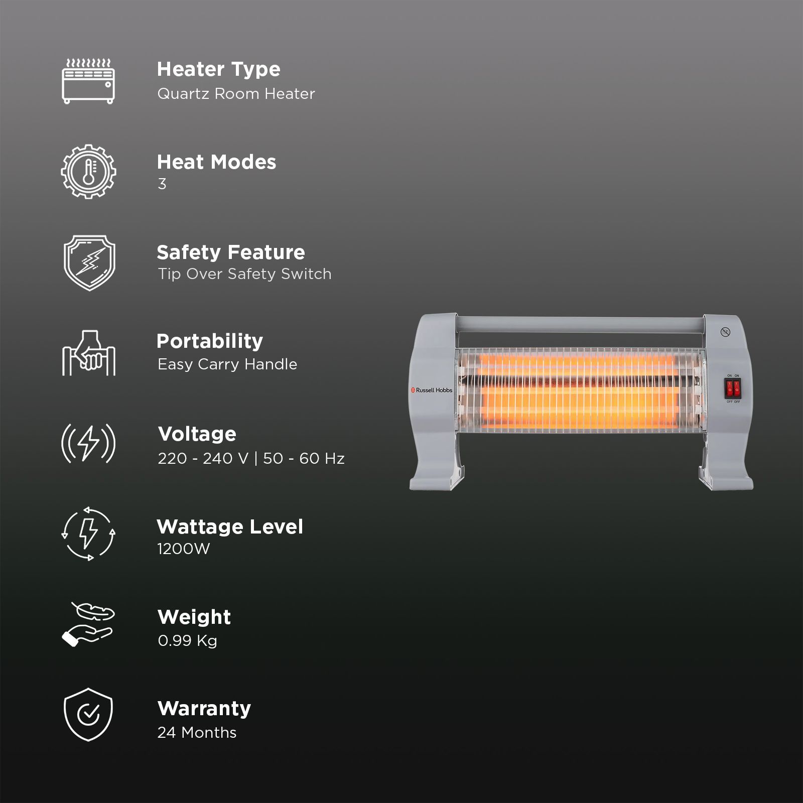 Russell Hobbs HeatLine 1200W Quartz Room Heater with 3 Heating Modes (Triple Quartz Tubes, Grey)_3