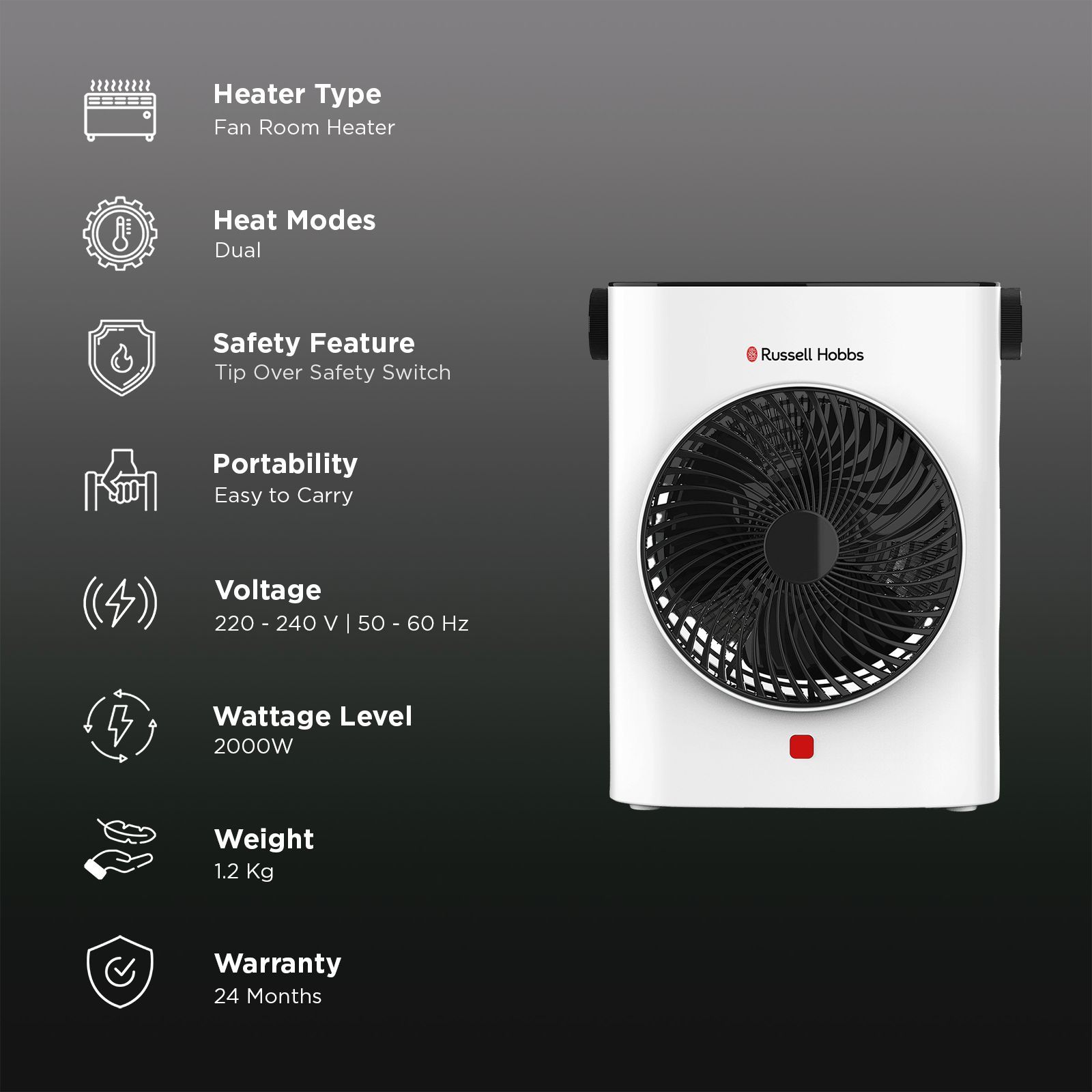 Russell Hobbs HeatFlow 2000W Fan Room Heater with 2 Heating Modes (Adjustable Thermostat, White)_3