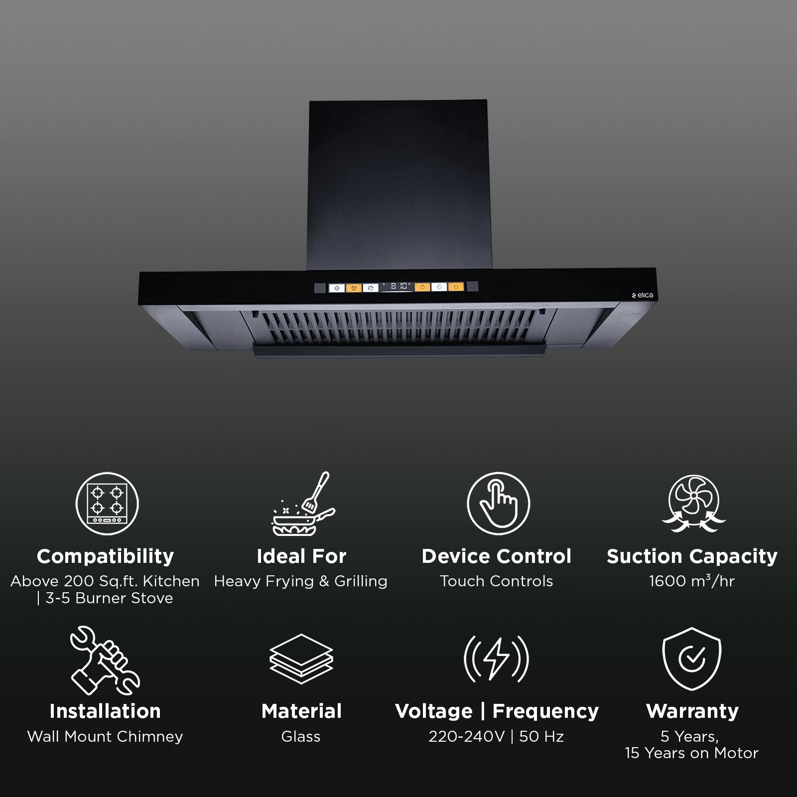 elica T90 MAX HS ORG FL HAC LTW MS NERO 90cm 1600m3/hr Ductless Auto Clean Wall Mounted Chimney with Motion Sensor (Black)_2