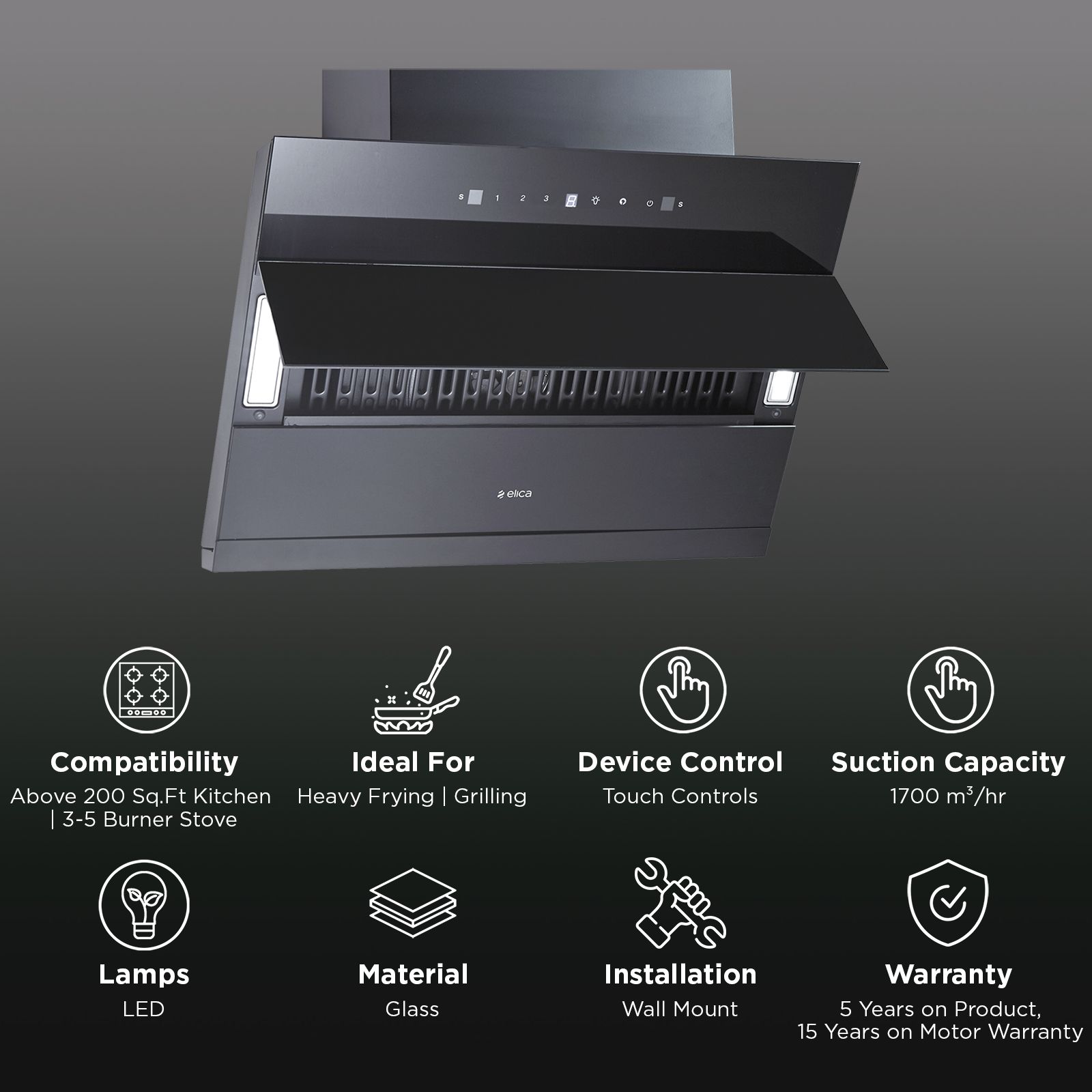 elica MATT EFL 3V 901 HAC LTW MS NERO 90cm 1700m3/hr Ductless Auto Clean Wall Mounted Chimney with Motion Sensor (Black) elica MATT EFL 3V 901 HAC LTW MS NERO 90cm 1700m3/hr Ductless Auto Clean Wall Mounted Chimney with Motion Sensor (Black)_2