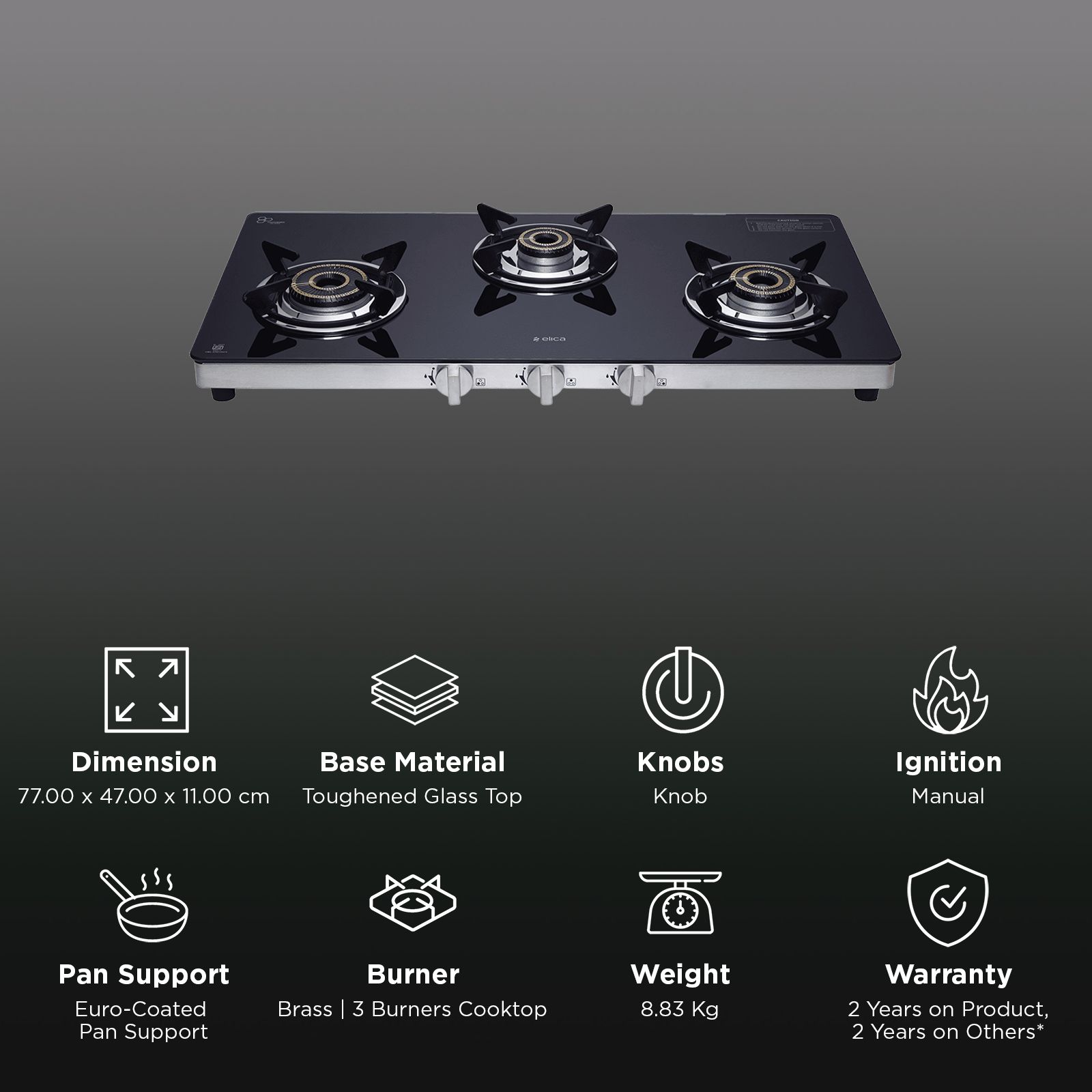 elica SAPPHIRE Series Toughened Glass Top 3 Burners Manual Gas Stove (Double Drip Tray Design, Black)_3