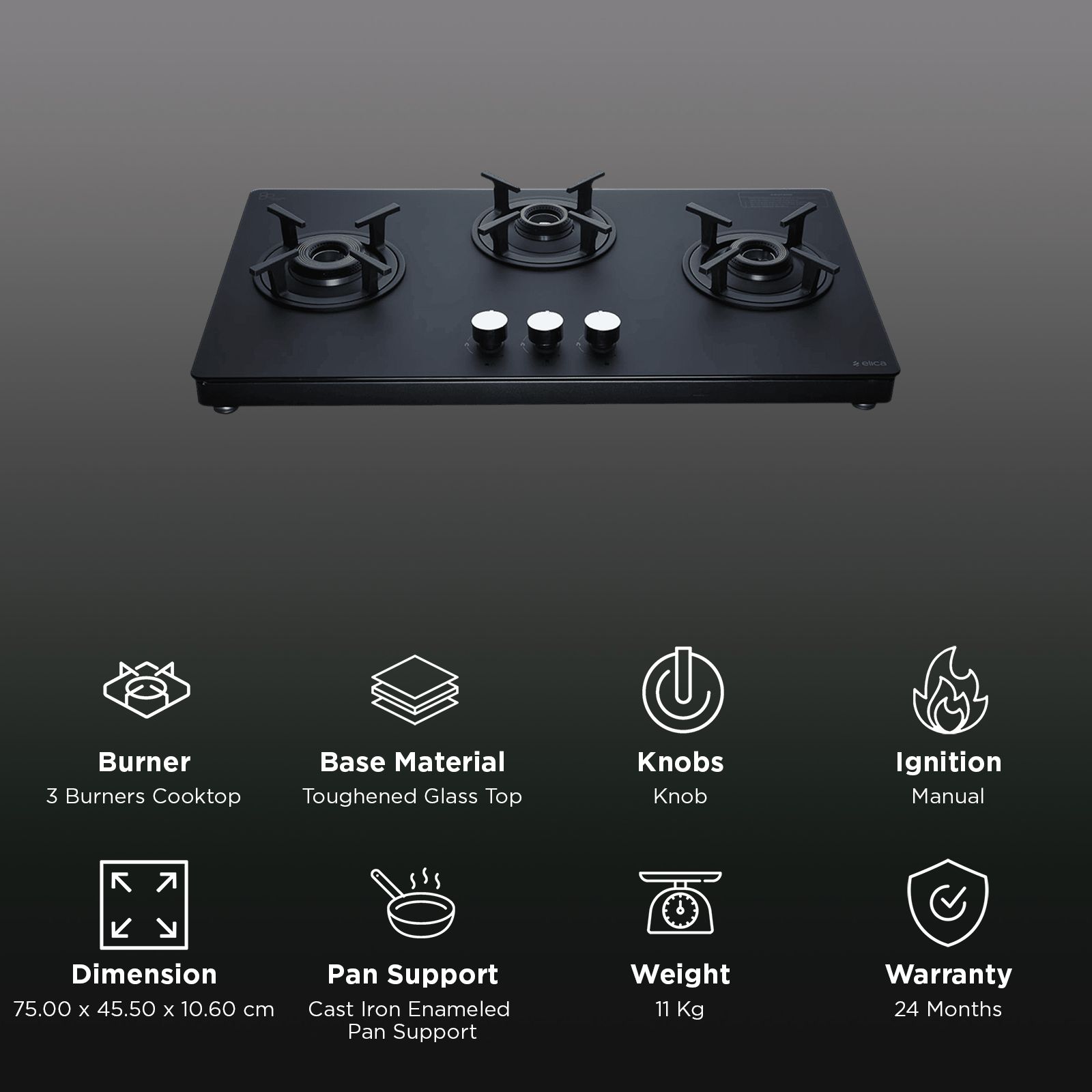 elica SBF MATT LOTUS TKN 773 CT VETRO BK Toughened Glass Top 3 Burner Manual Gas Stove (Cast Iron Pan Support, Black)_3