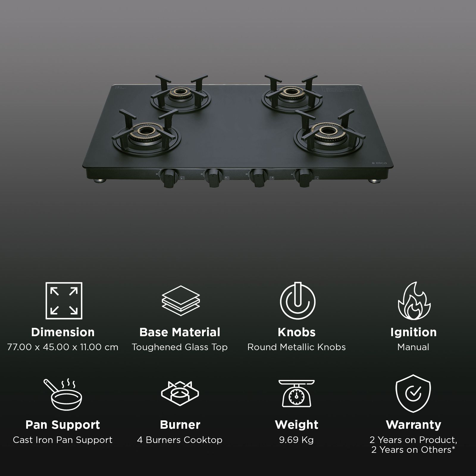 elica MATT ONYX Series 4 Burners Manual Gas Stove (Round Grid, Black)_3