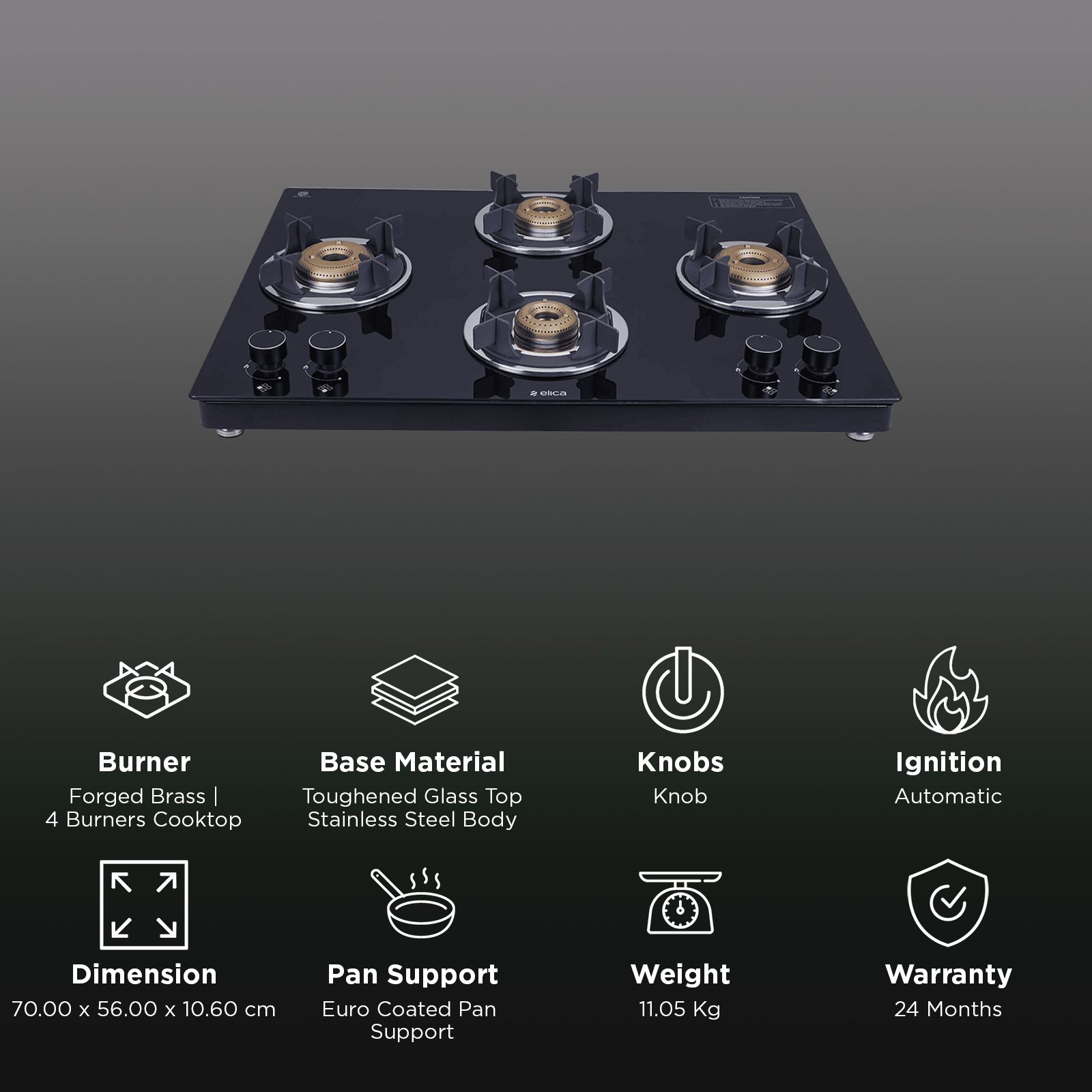 elica 694 CT VETRO 2J (TKN CROWN DT AI) Toughened Glass Top 4 Burner Automatic Gas Stove ( Euro-Coated Crown Pan Support, Black)_3