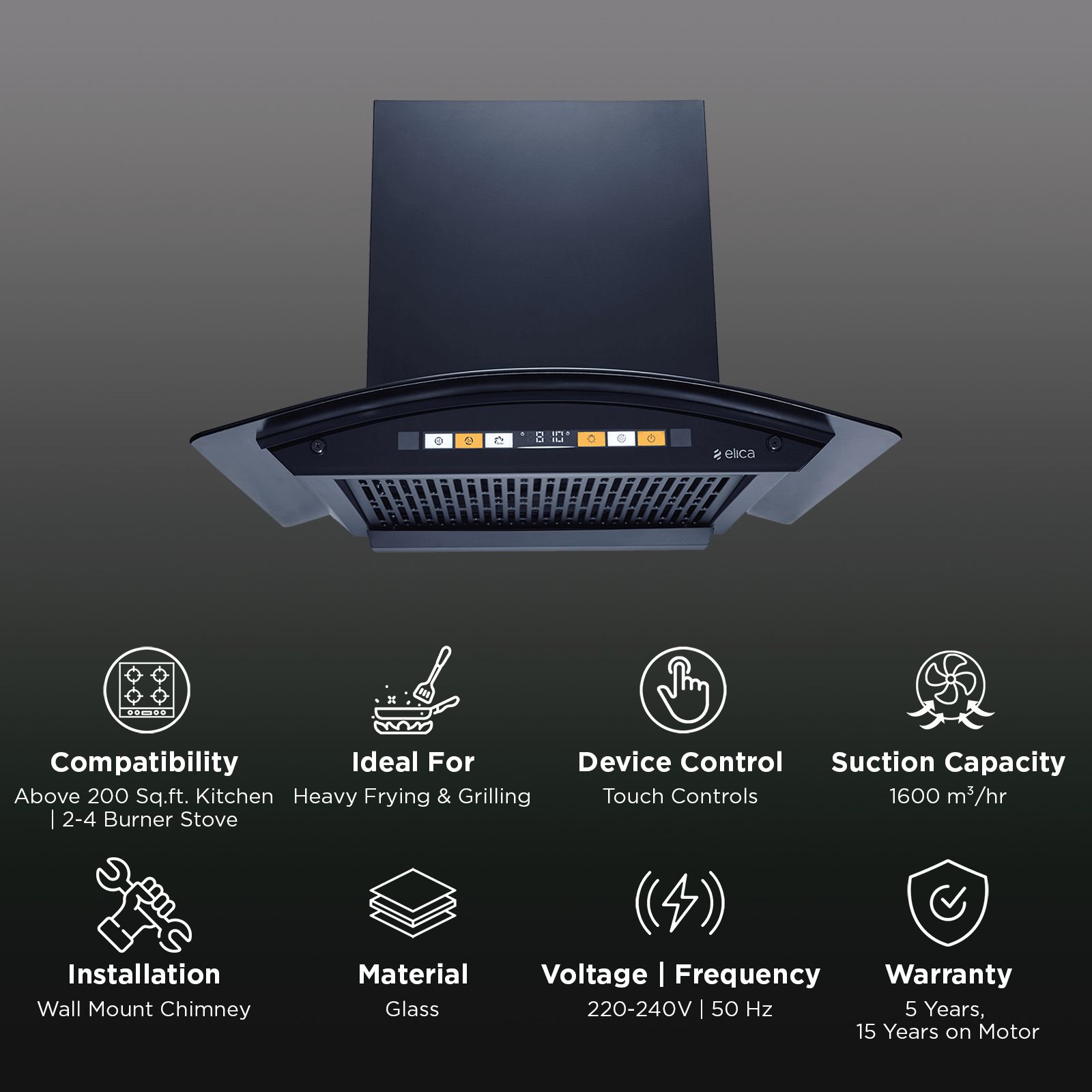 elica WD SMART BLDC FL 600 HAC LTW MS NERO 60cm 1600m3/hr Ductless Auto Clean Wall Mounted Chimney with Motion Sensor (Black)_3