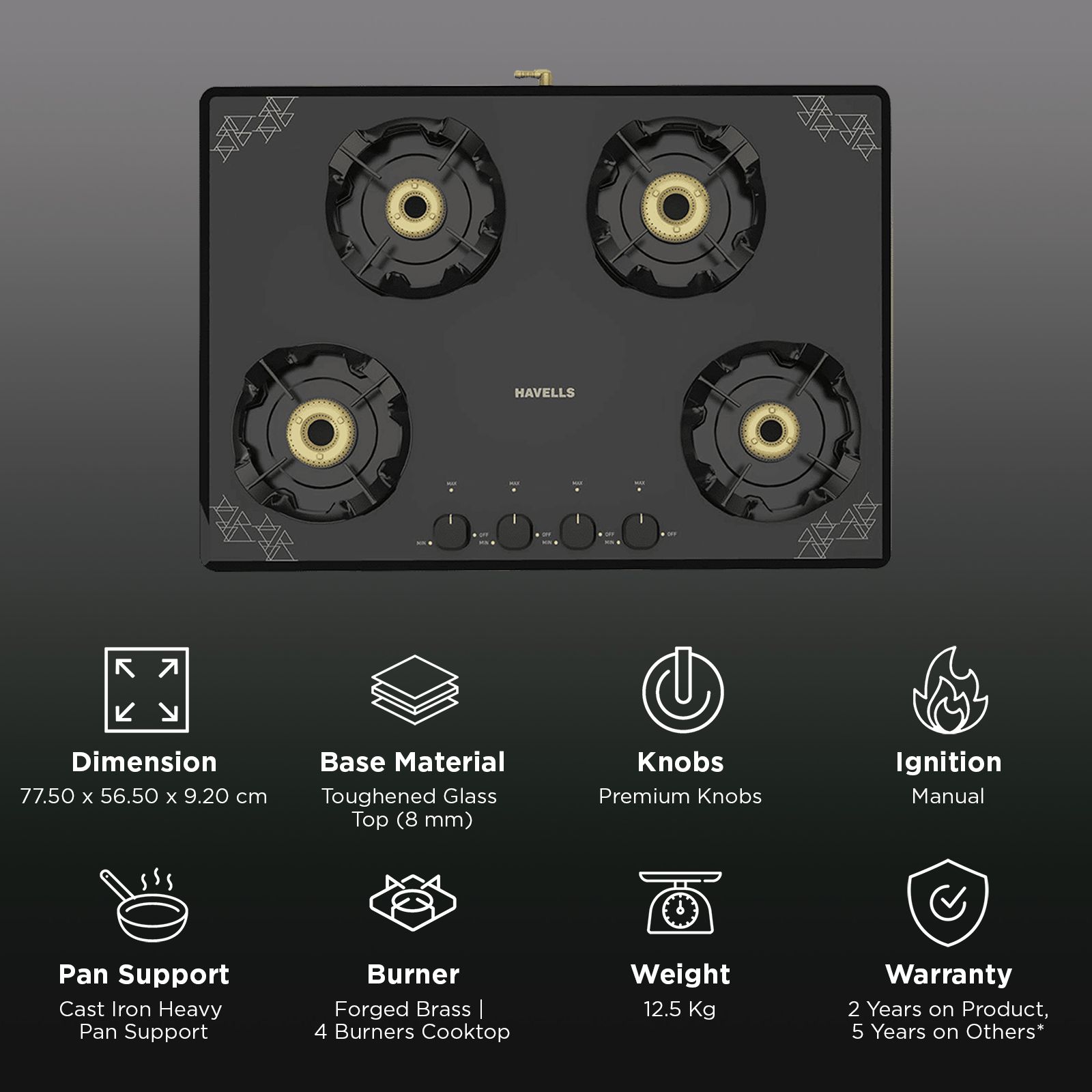 Havells Nucleus Toughened Glass Top 4 Burner Manual Gas Stove (Heavy Duty Brass Burner, Black)_3