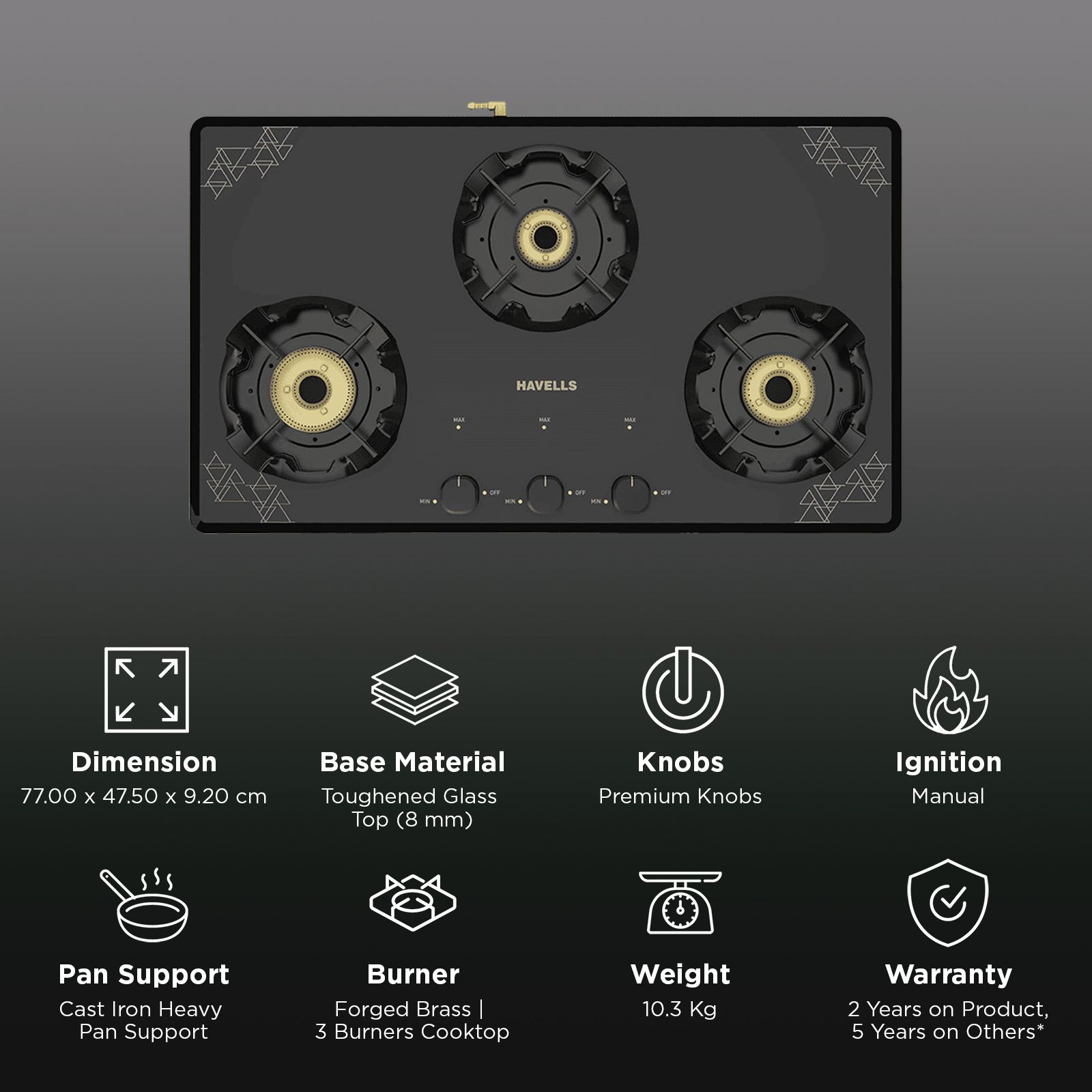 Havells Nucleus Toughened Glass Top 3 Burner Manual Gas Stove (Heavy Duty Brass Burner, Black)_3