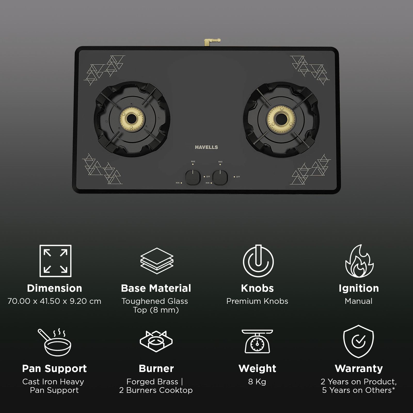 Havells Nucleus Toughened Glass Top 2 Burner Manual Gas Stove (Heavy Duty Brass Burner, Black)_3