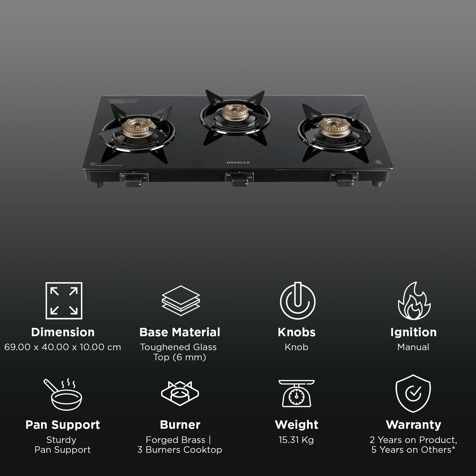 Havells Calore Toughened Glass Top 3 Burner Manual Gas Stove (Heavy Duty Brass Burner, Black)_3
