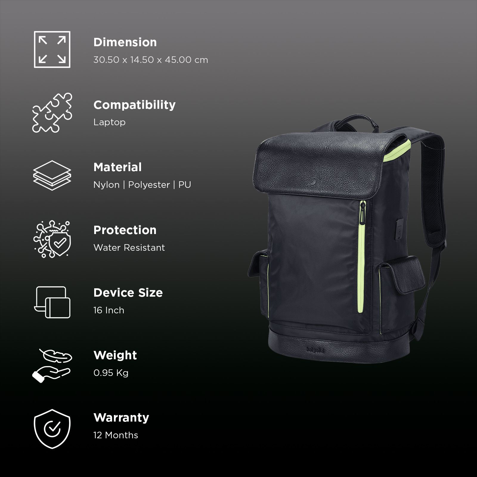 hoi polloi RAYRAY Nylon, Polyester, PU Laptop Backpack for 15.6 Inch Laptop (20 L, Water Resistant, Obsidian Black & Neon)_3