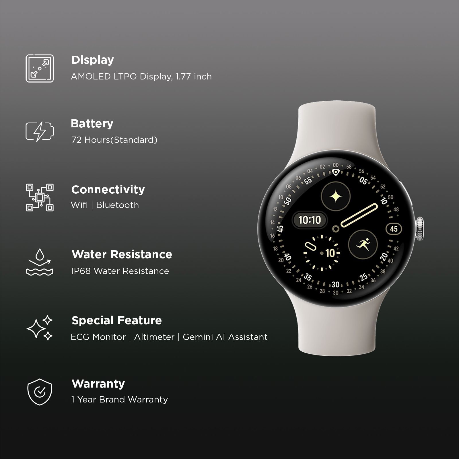 Google Pixel Watch 4 Wi-Fi+Bluetooth Wear OS 6.0 Smartwatch (45mm AMOLED LTPO Display, Qualcomm Snapdragon W5 Gen 2 Cortex-M55, Health Tracking Insights, Porcelain Active Band)_2