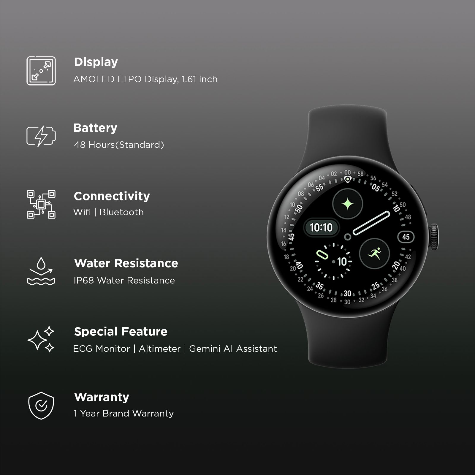 Google Pixel Watch 4 Wi-Fi+Bluetooth Wear OS 6.0 Smartwatch (41mm AMOLED LTPO Display, Qualcomm Snapdragon W5 Gen 2 Cortex-M55, Health Tracking Insights, Obsidian Active Band)_2