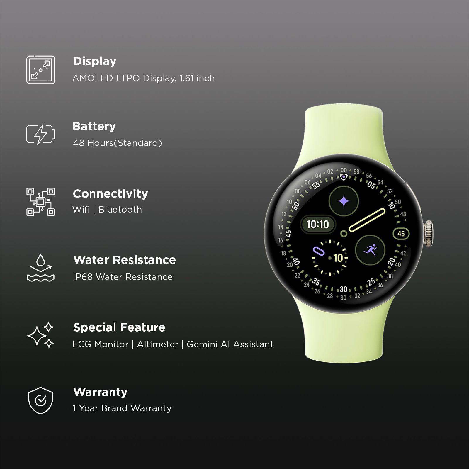 Google Pixel Watch 4 Wi-Fi+Bluetooth Wear OS 6.0 Smartwatch (41mm AMOLED LTPO Display, Qualcomm Snapdragon W5 Gen 2 Cortex-M55, Health Tracking Insights, Lemongrass Active Band)_2