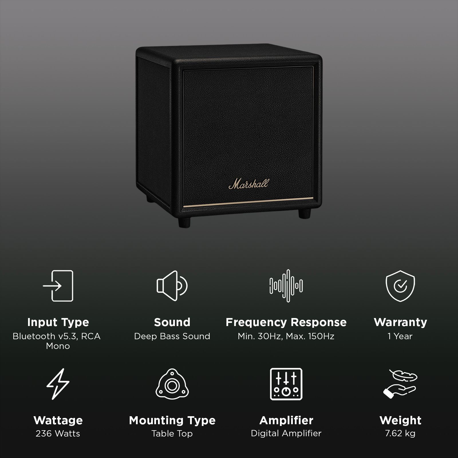 Marshall HESTON SUB 200 236W Wireless Subwoofer (Deep Bass, Black)_2