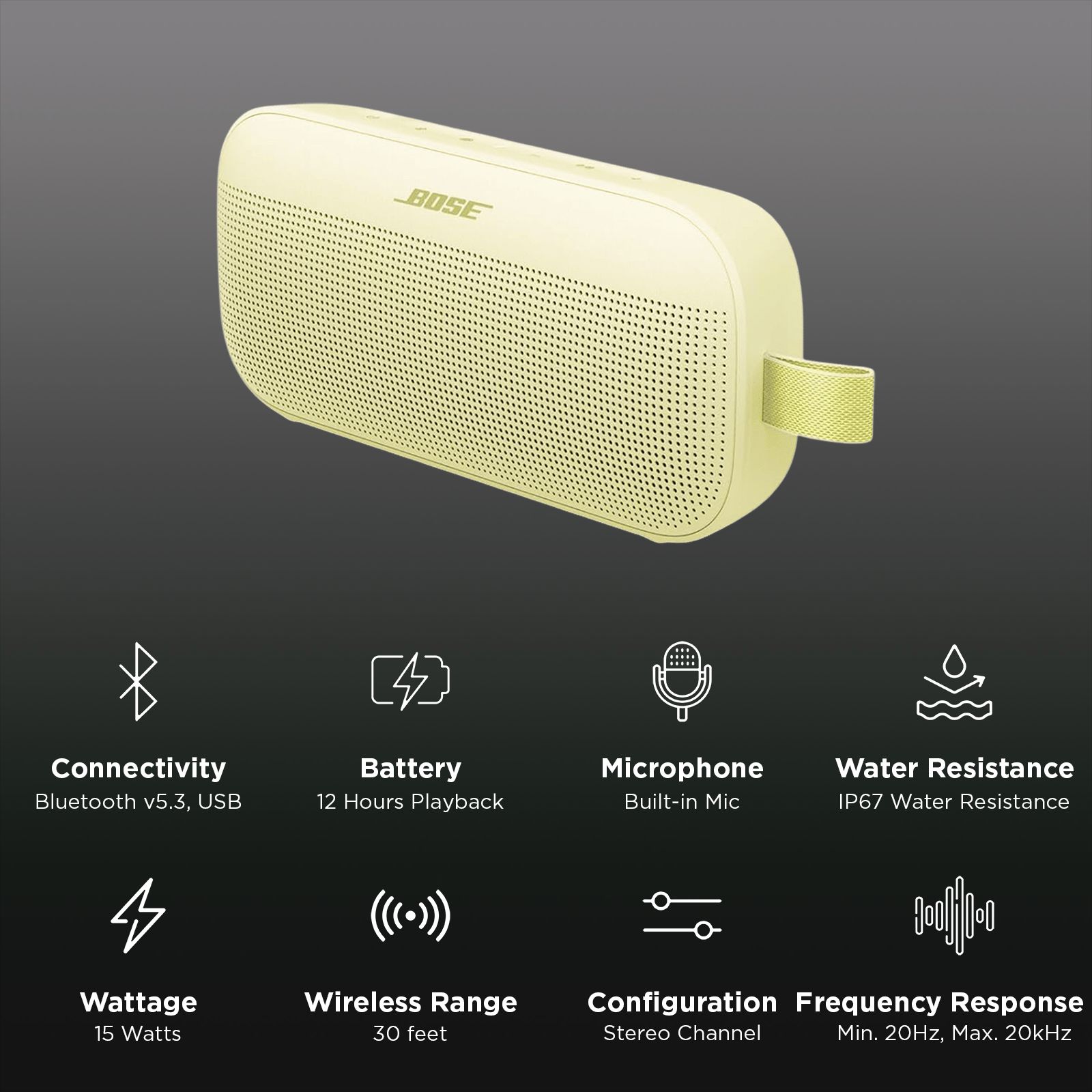 BOSE Soundlink Flex (2nd Gen) 15W Portable Bluetooth Speaker (IP67 Water Resistant, Deep Bass, Stereo Channel, Citrus Yellow)_2