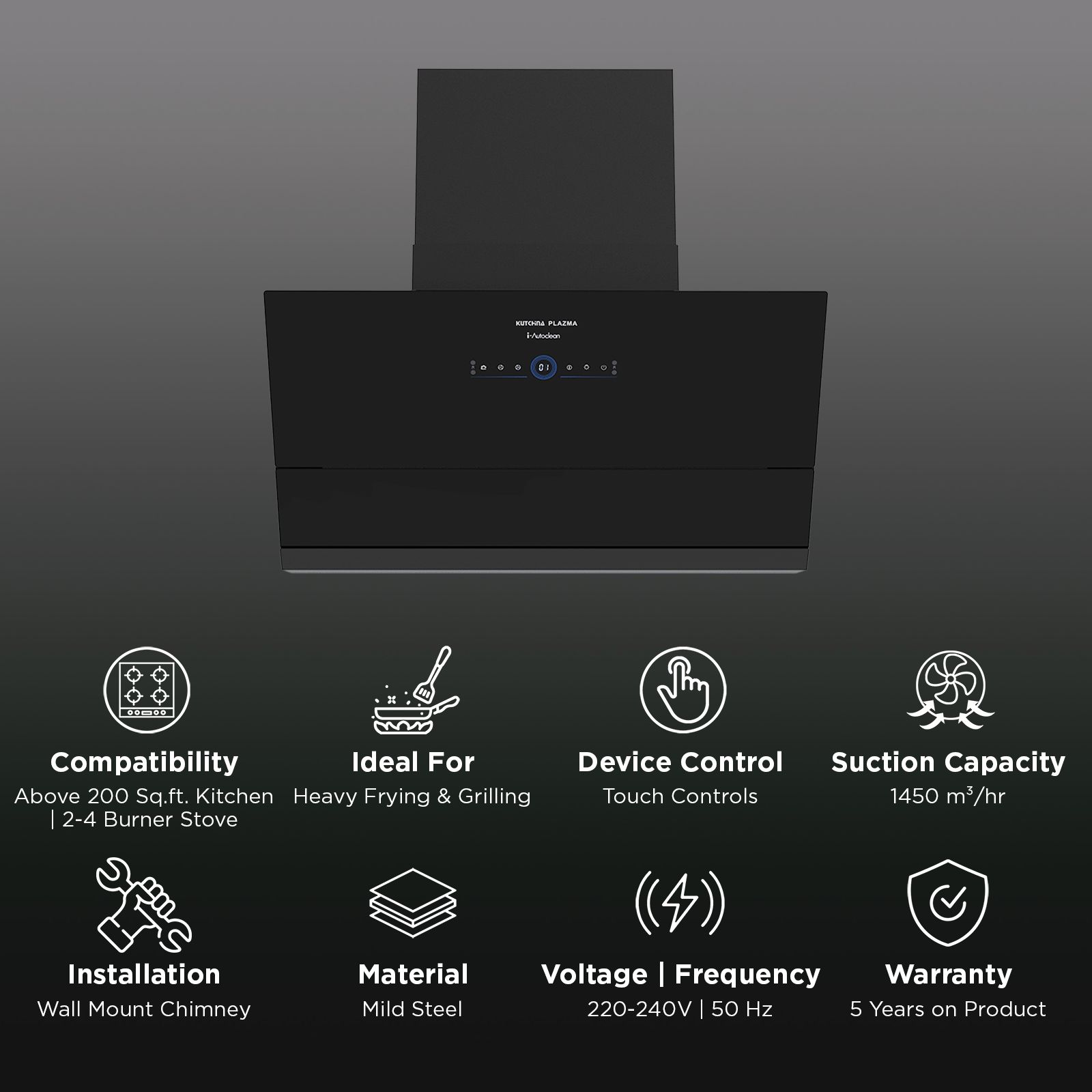 Kutchina ALPHA 60cm 1450m3/hr Ducted Auto Clean Wall Mounted Chimney with Wave Sensor (Black)_3