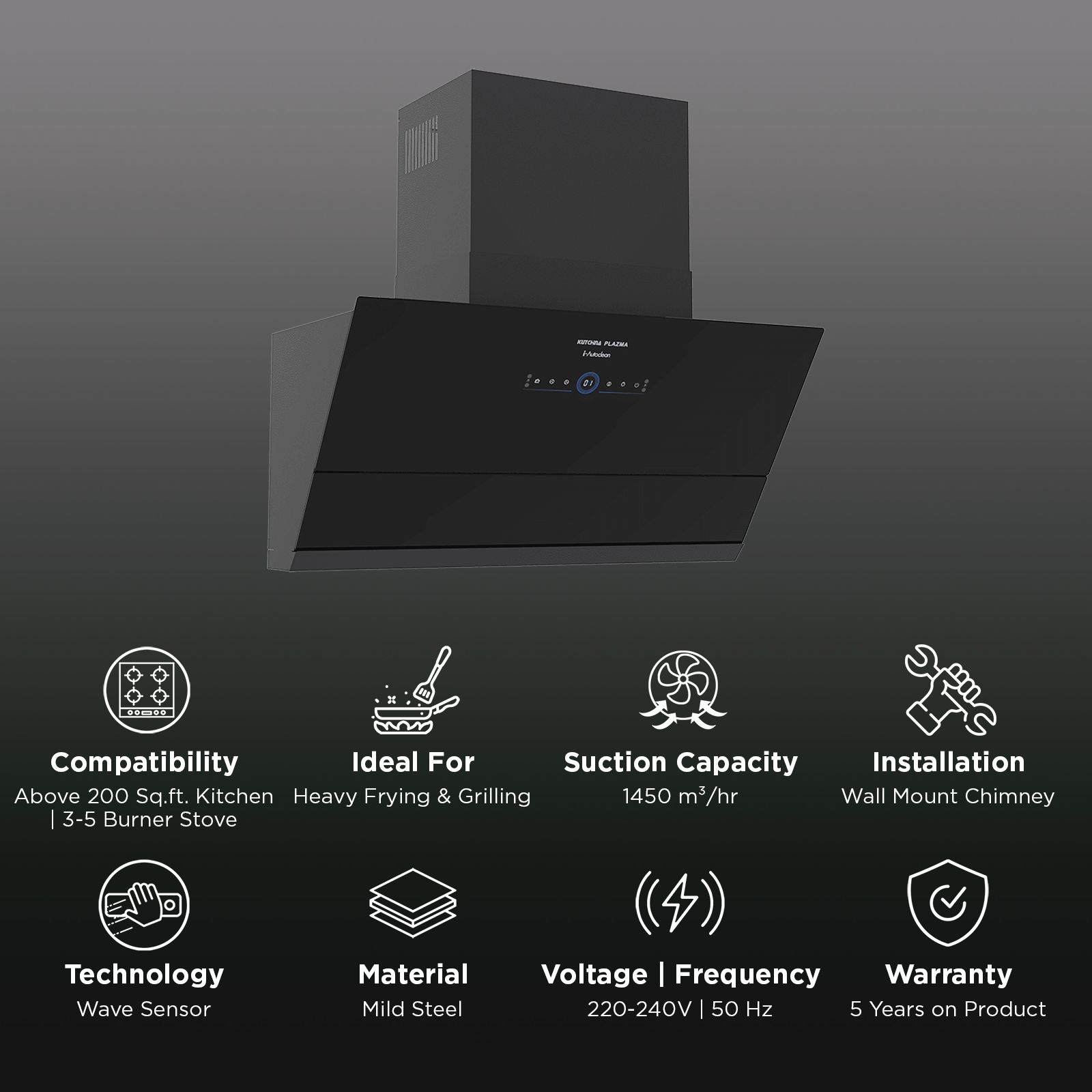 Kutchina ALPHA 90cm 1450m3/hr Ducted Auto Clean Wall Mounted Chimney with Wave Sensor (Black)_3